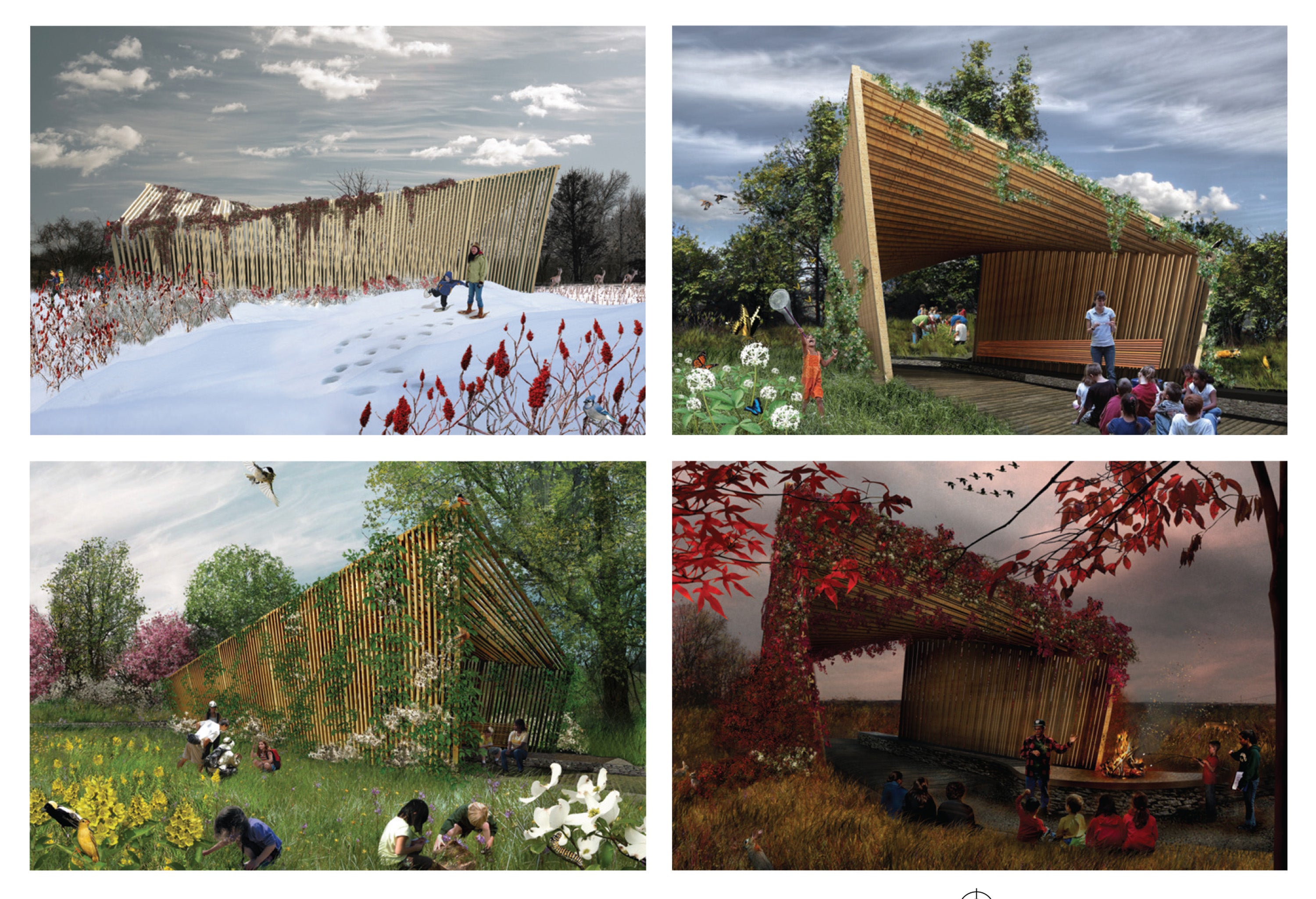 Four exterior renders of the same structure in four different seasons. The structure is an open pavilion. 