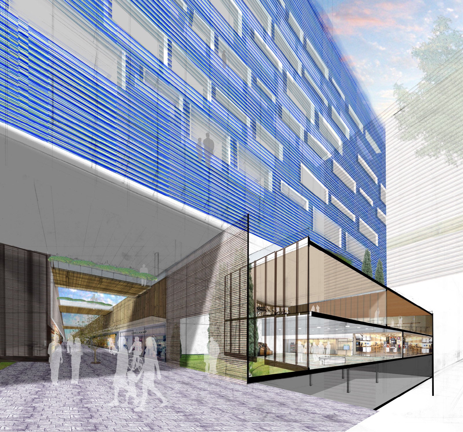An exterior rendering of her building design. The view is from the front extrance, looking up at the façade.
