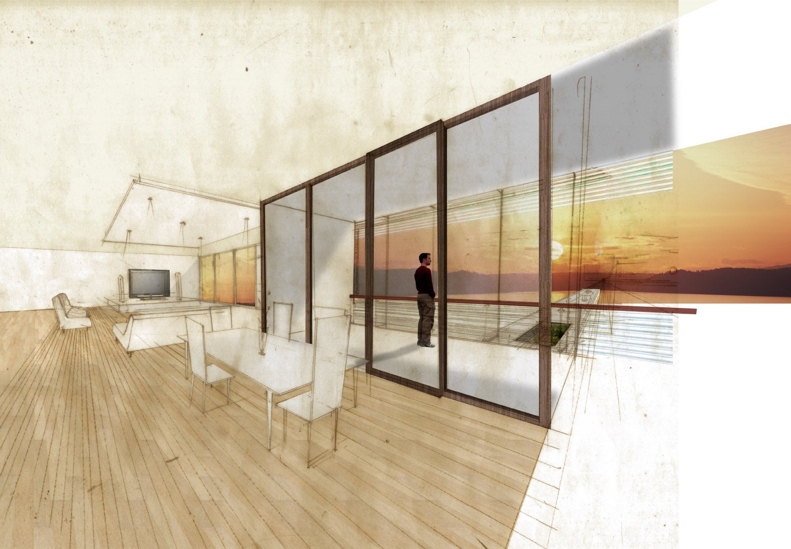 An interior rendering of her building design.The style is minimal, colors are desaturated. The view looks out a balcony.