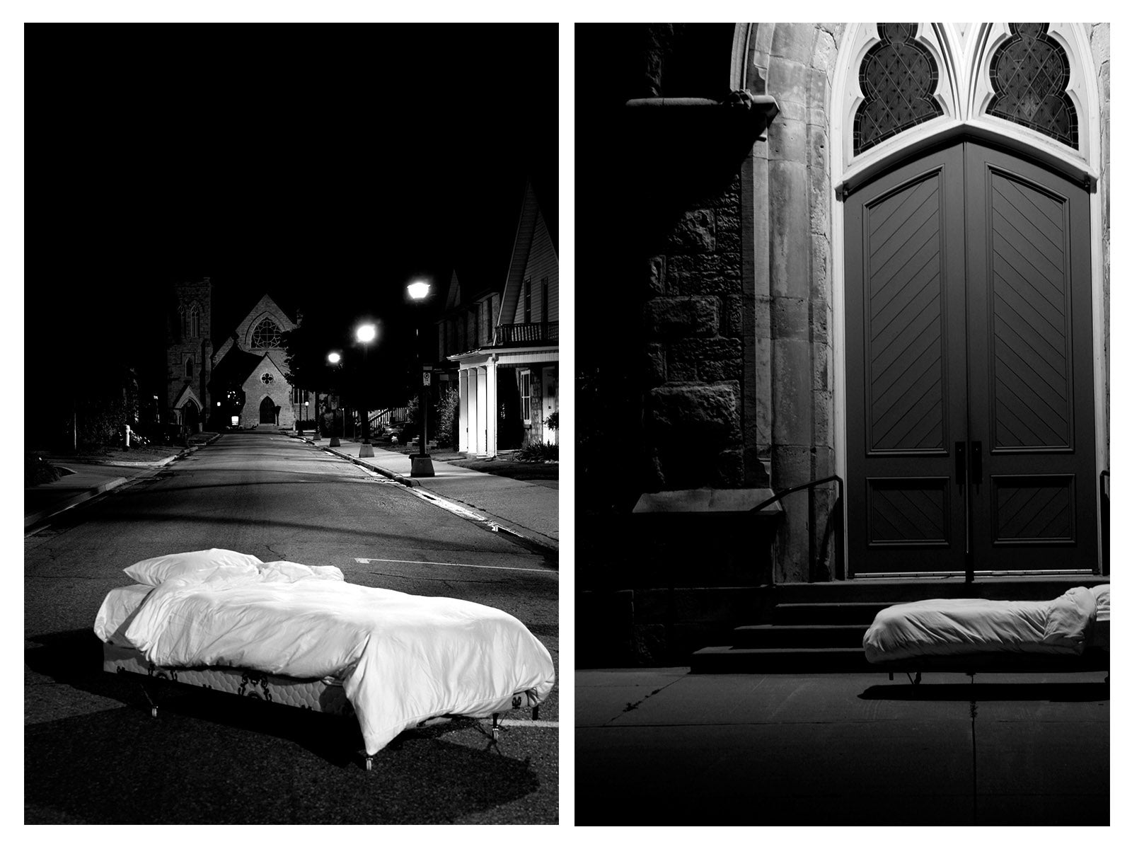 Two photographs of a mobile bed (with a pillow and sheets) laying in the middle of a public space at night. One is on a street.