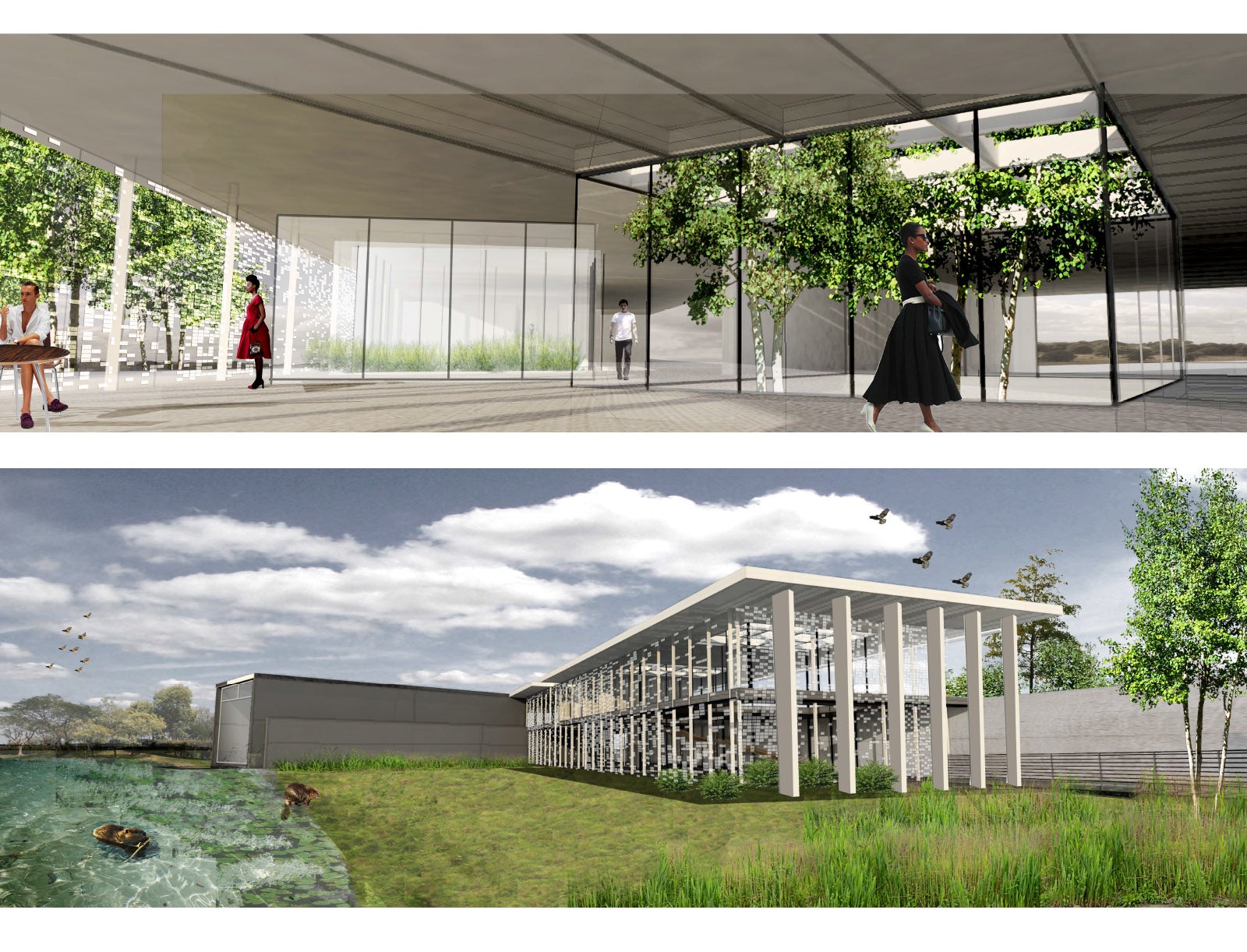 A presentation panel showcasing one interior and one exterior rendering of the building.