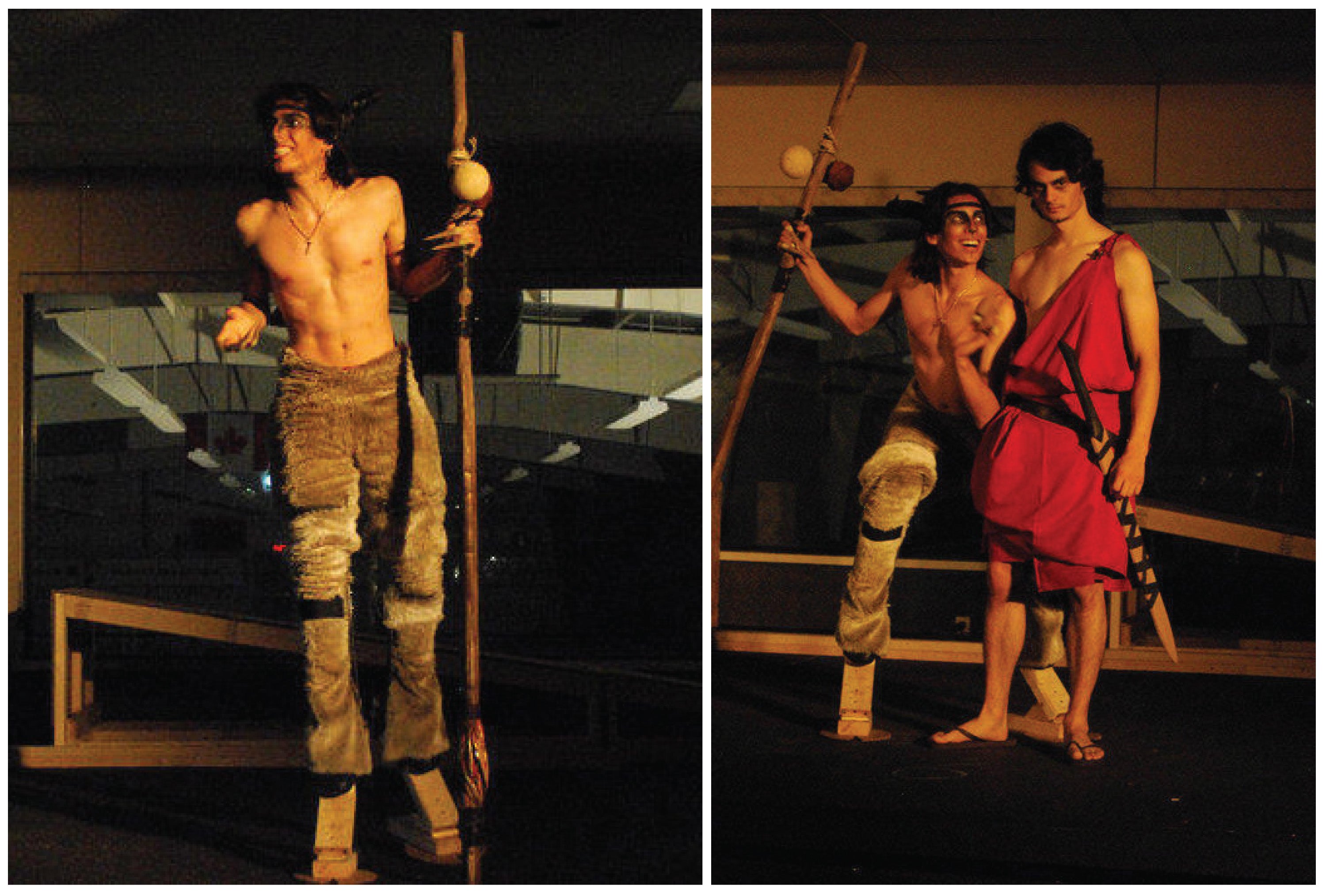 Two photographs of the actors performing in the play. One is a man bare chested holding on to a wooden staff.