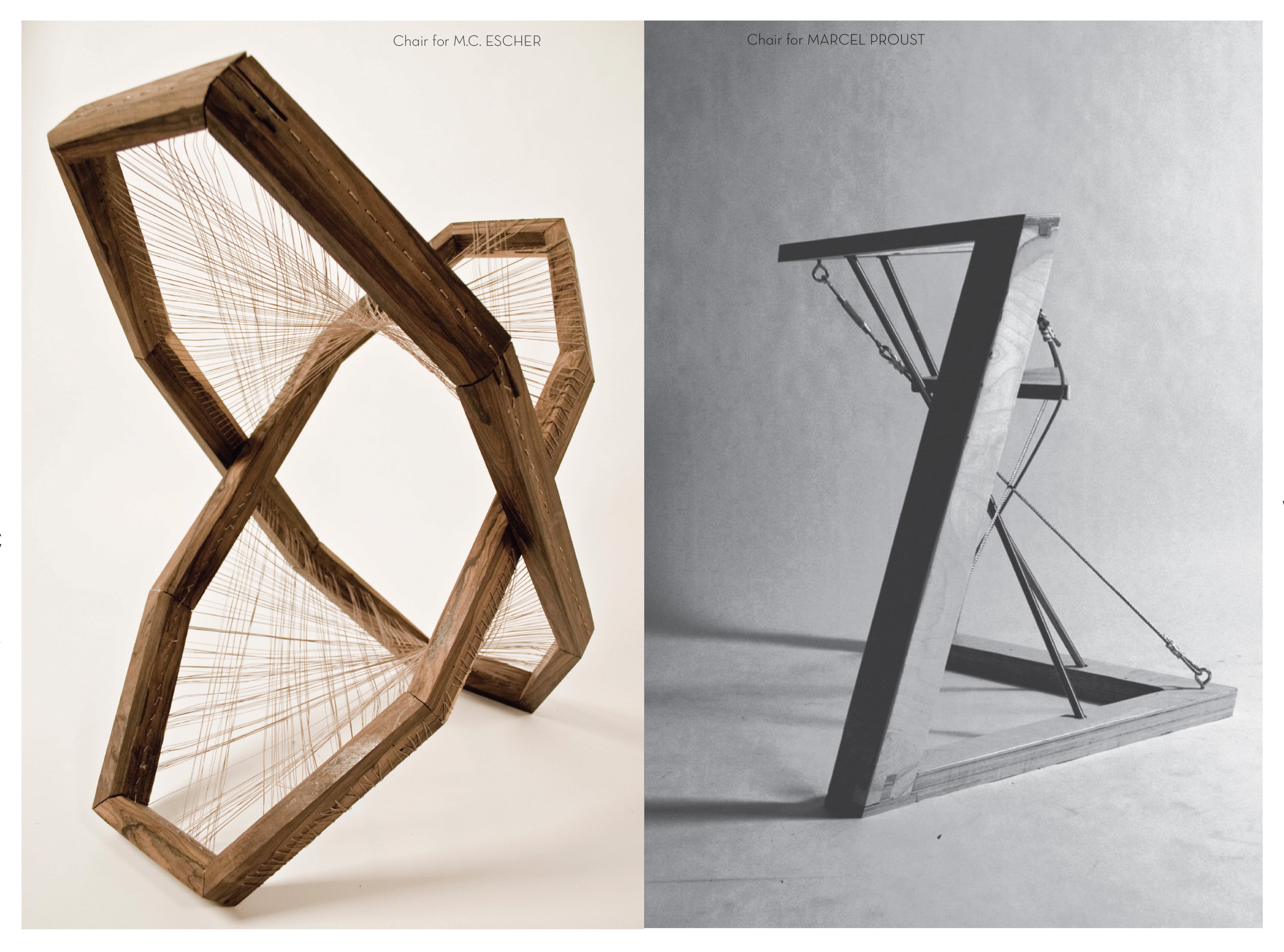 Two photographs of two different chairs. One is a chair held together from wires in tension, the other is very similar in design