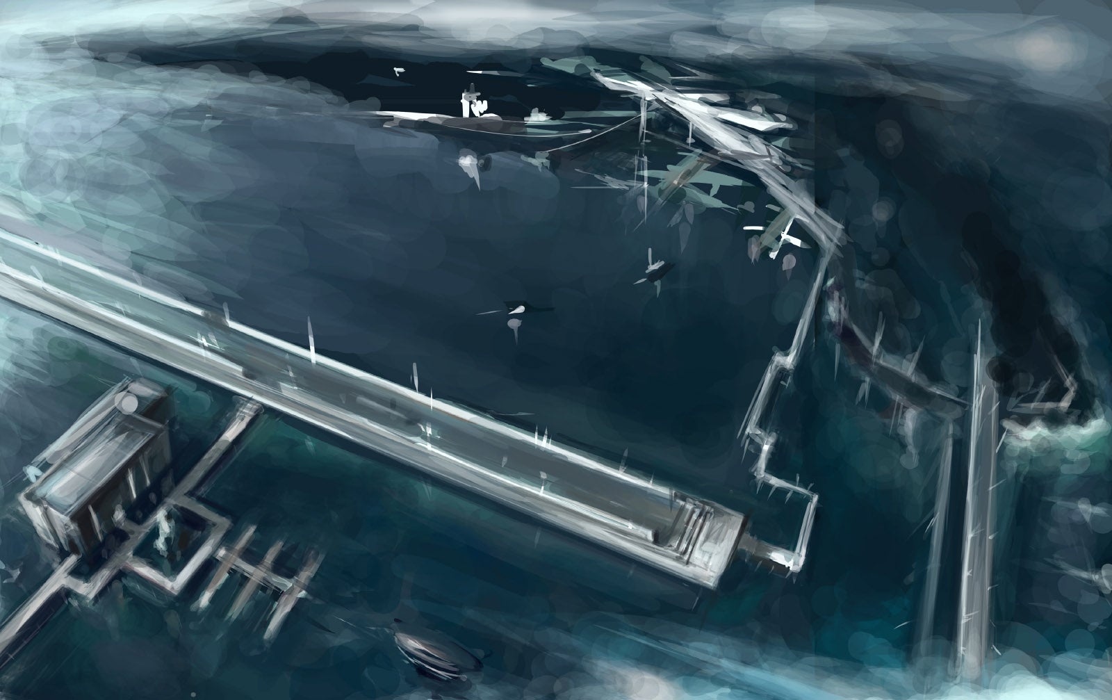 A digital painting rendition of the island from an aerial view.
