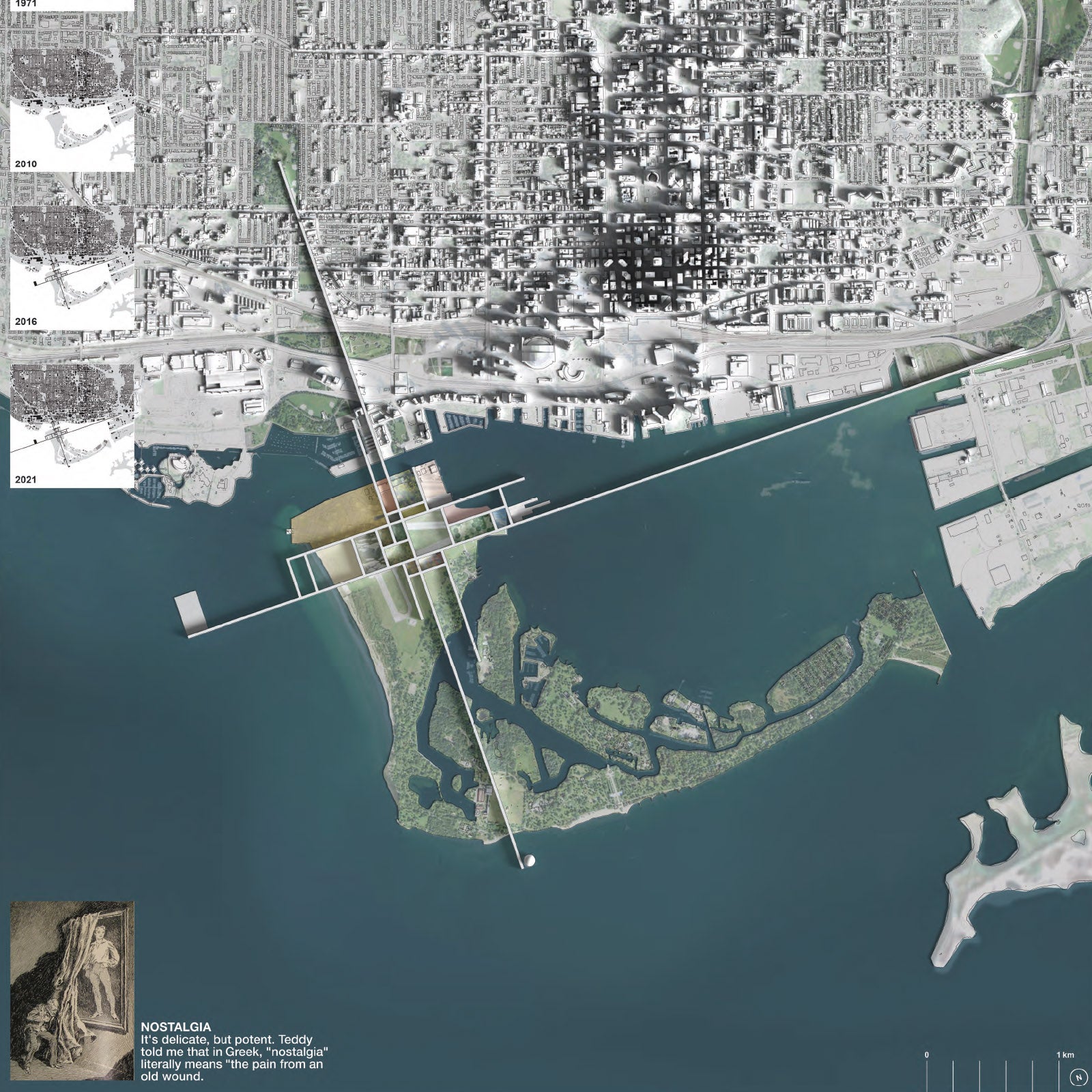 A satelite image/drawing of the Toronto island with the design overlay ontop of it.