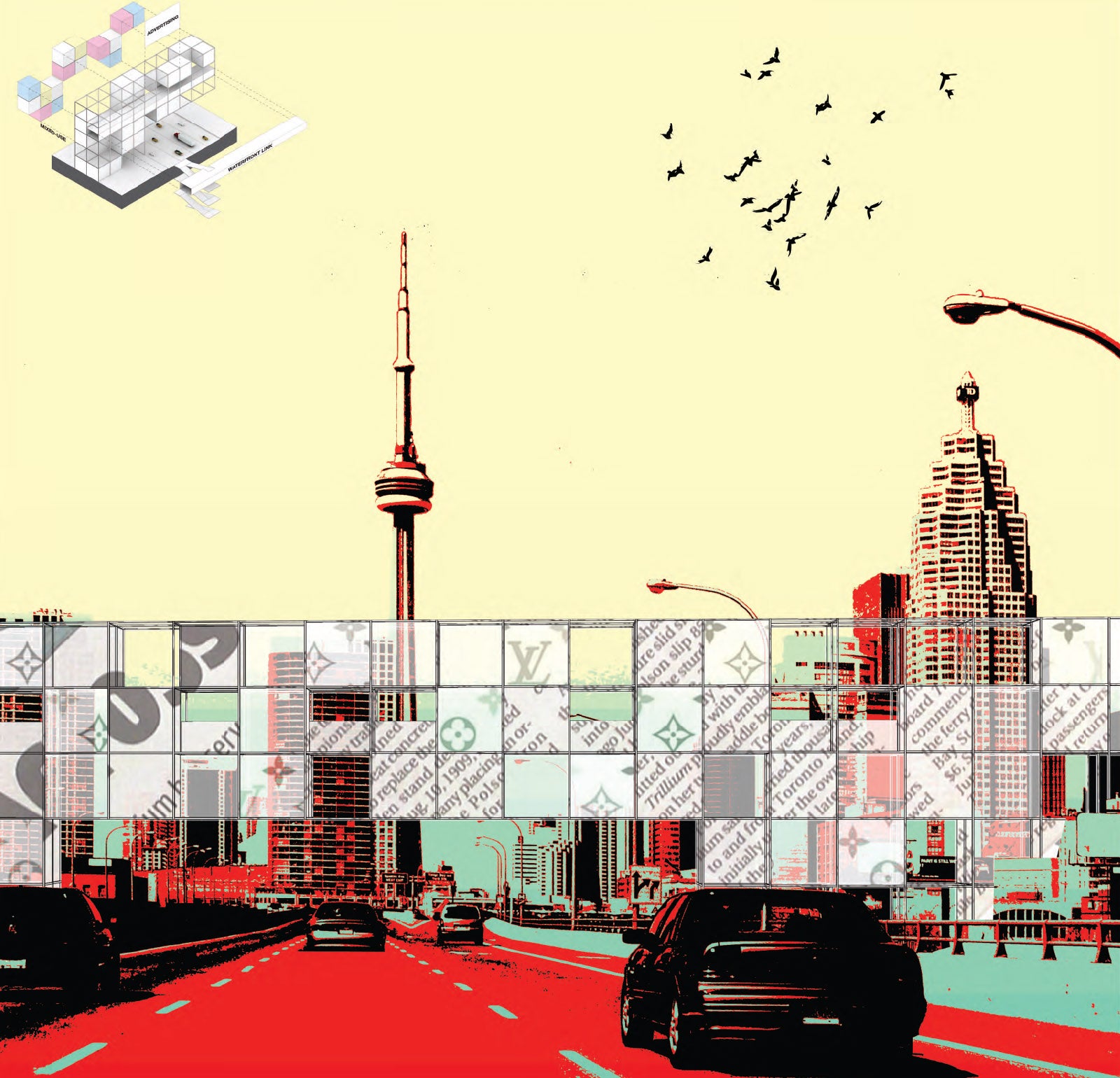 A photo collage of the Toronto skyline and other various patterns.
