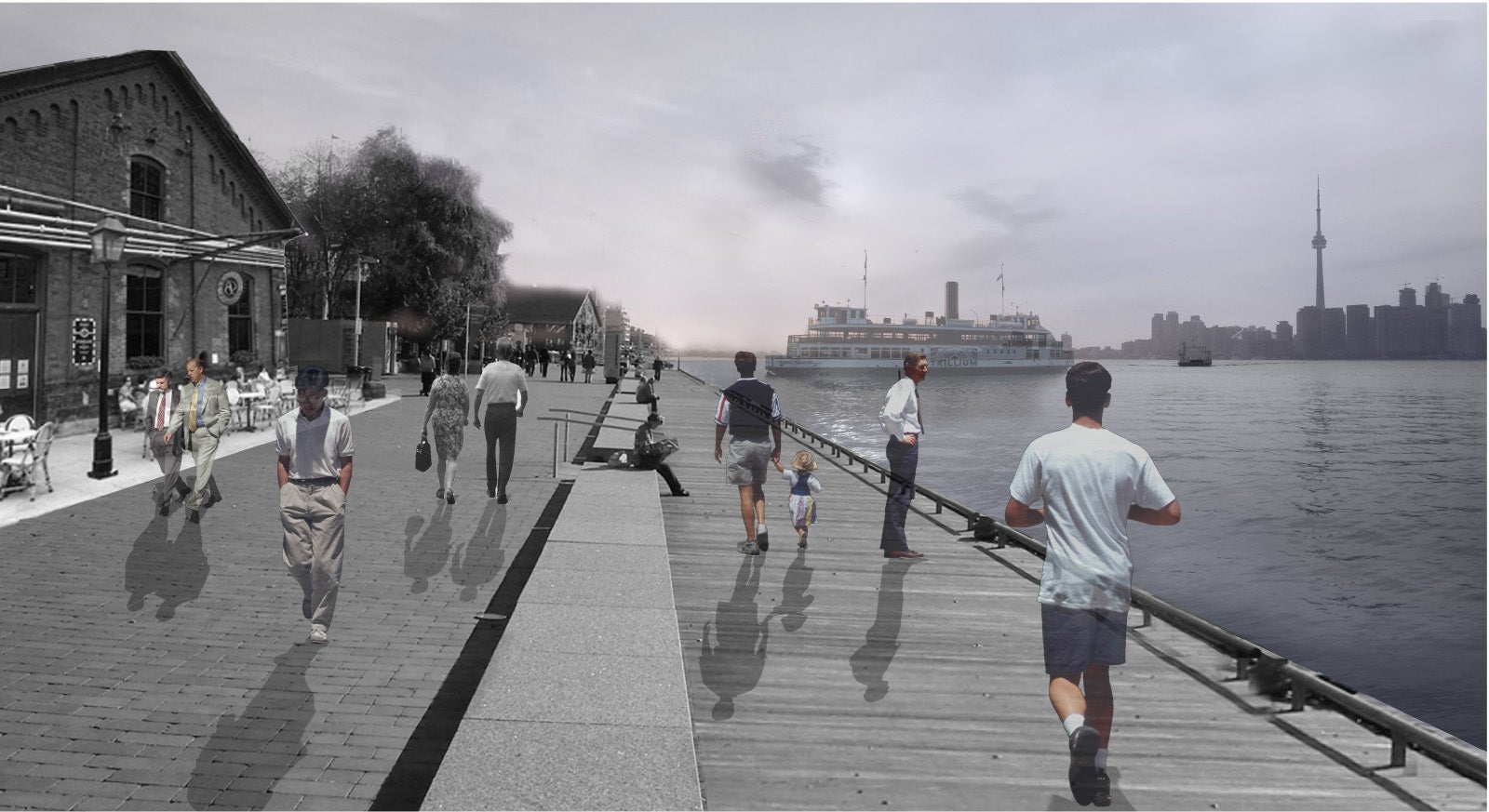 An exterior render of the redesigned harbour. This is a image of the pedestrian pathway along the lake.