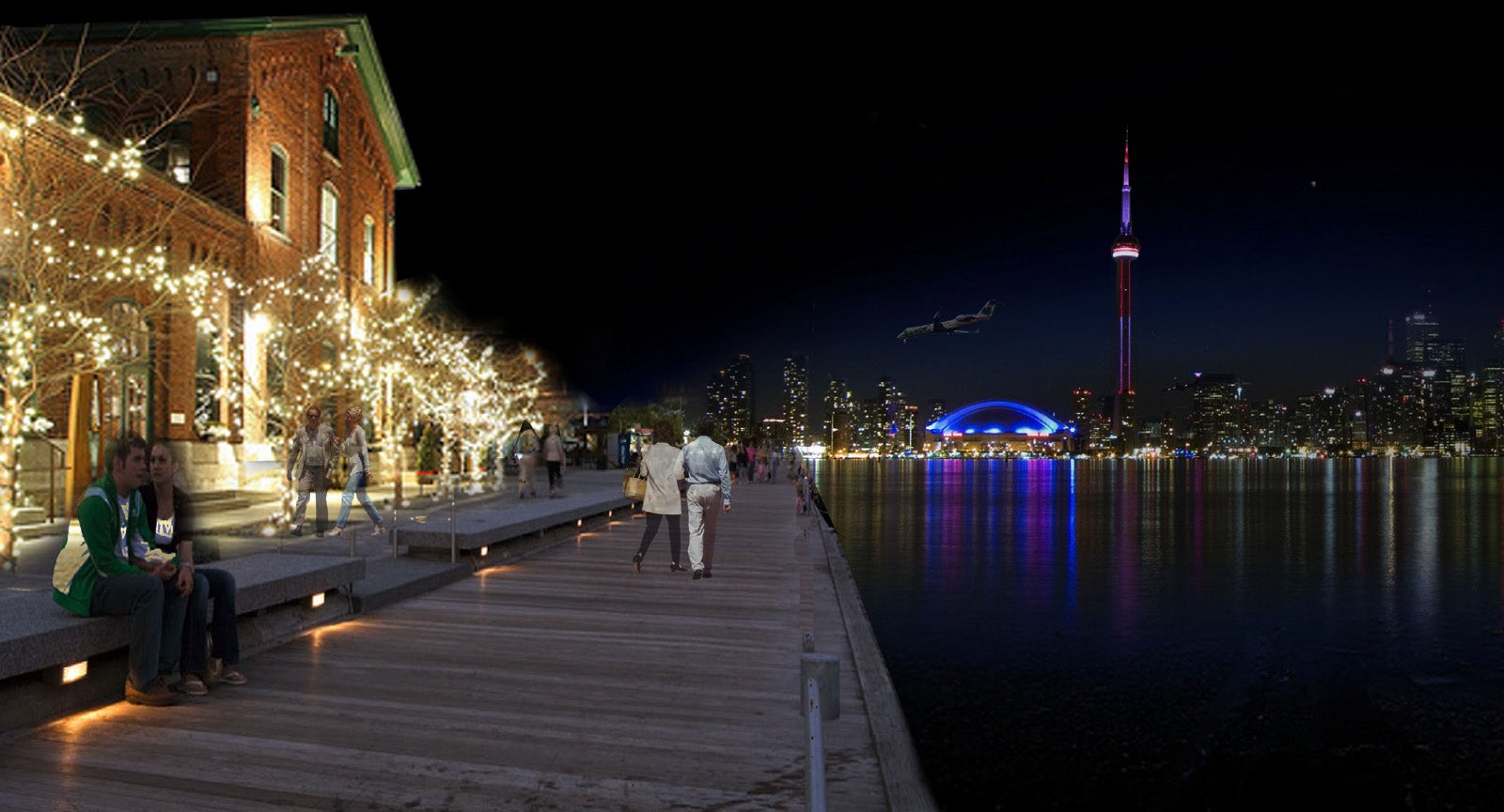 An exterior night render of the redesigned harbour. This is a image of the pedestrian pathway along the lake.