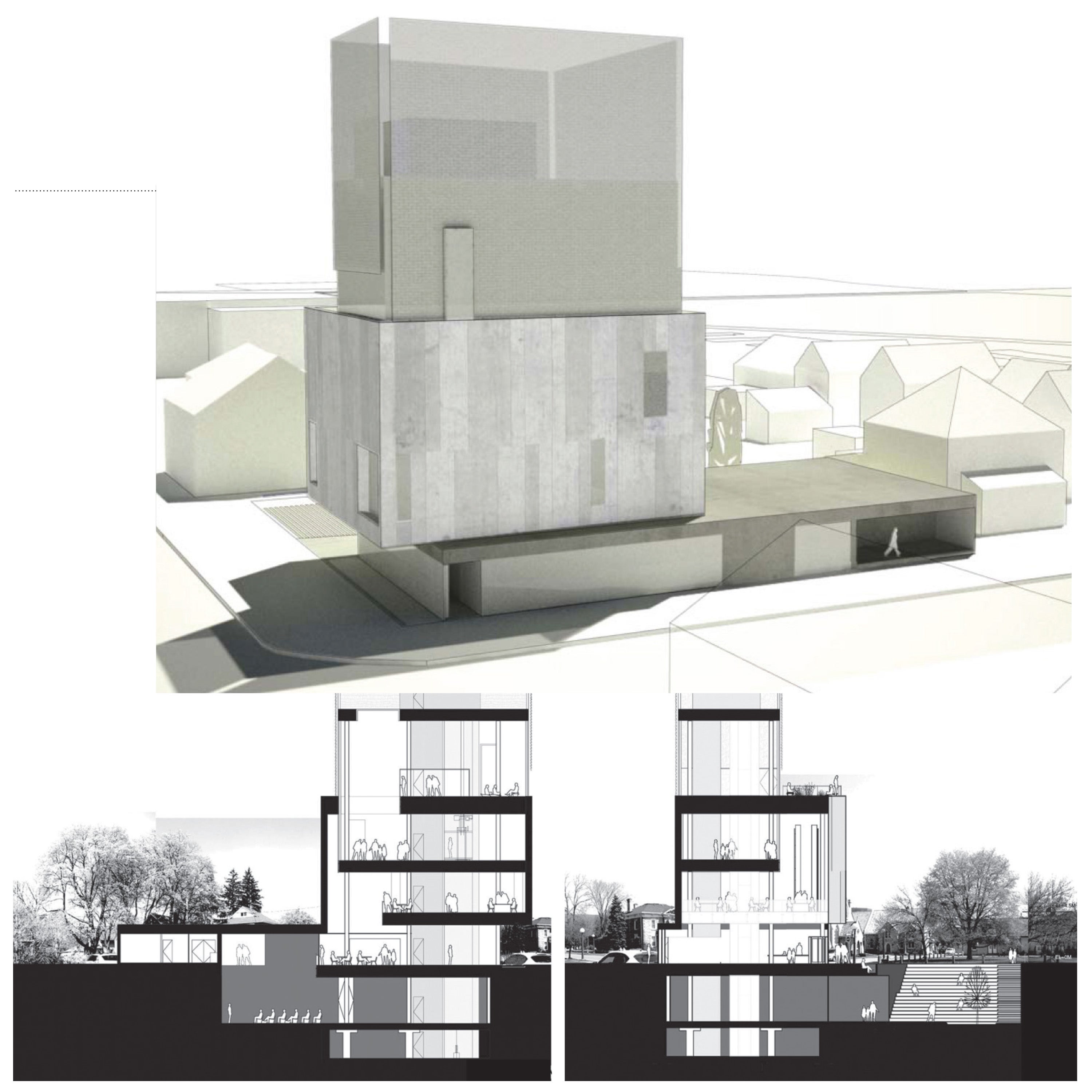 A presentation panel showcasing a building perspective rendering, and two section drawings.