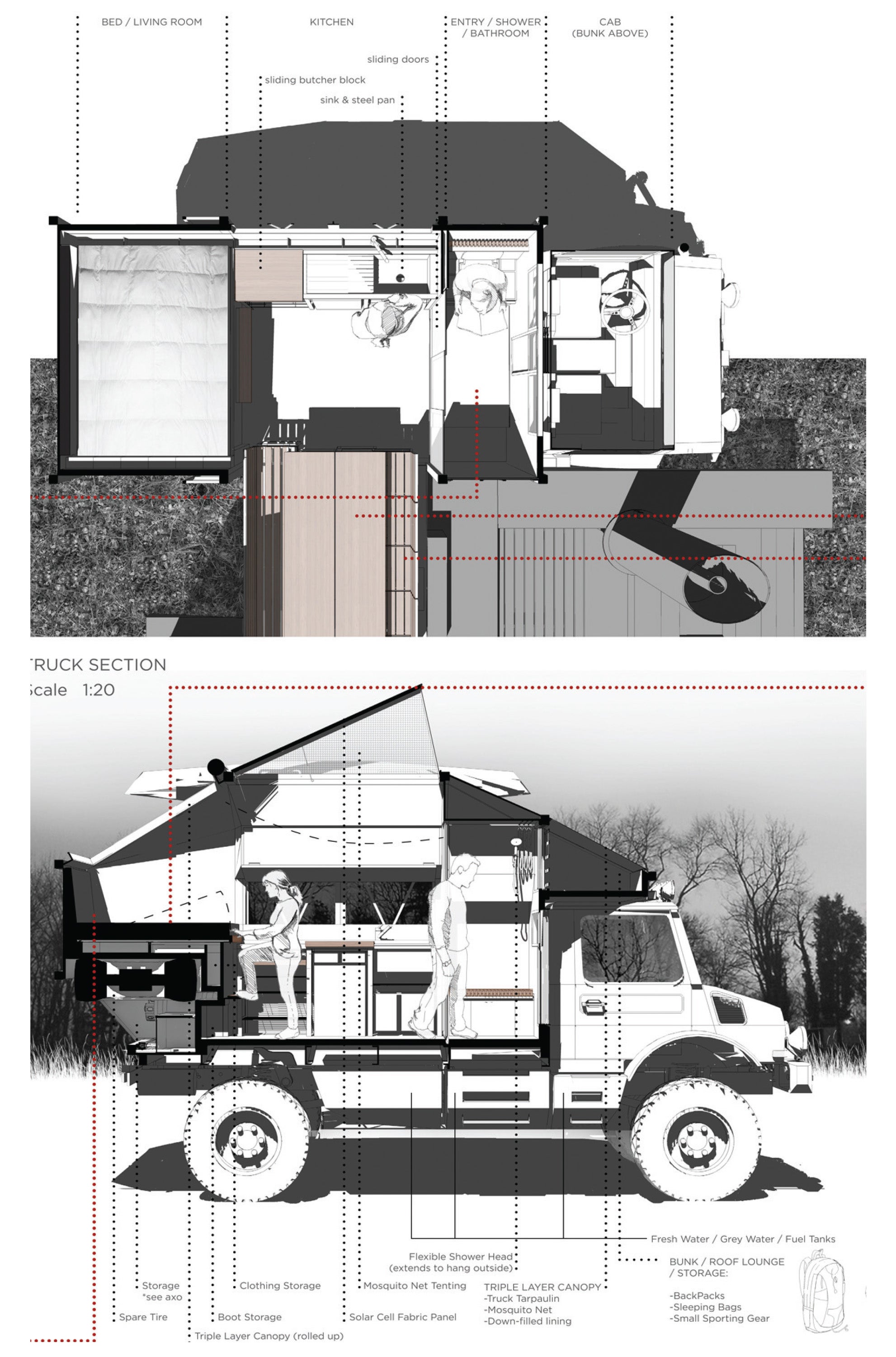 Two sectioned drawings/diagrams of a space made for work and live on the cargohold of a truck.