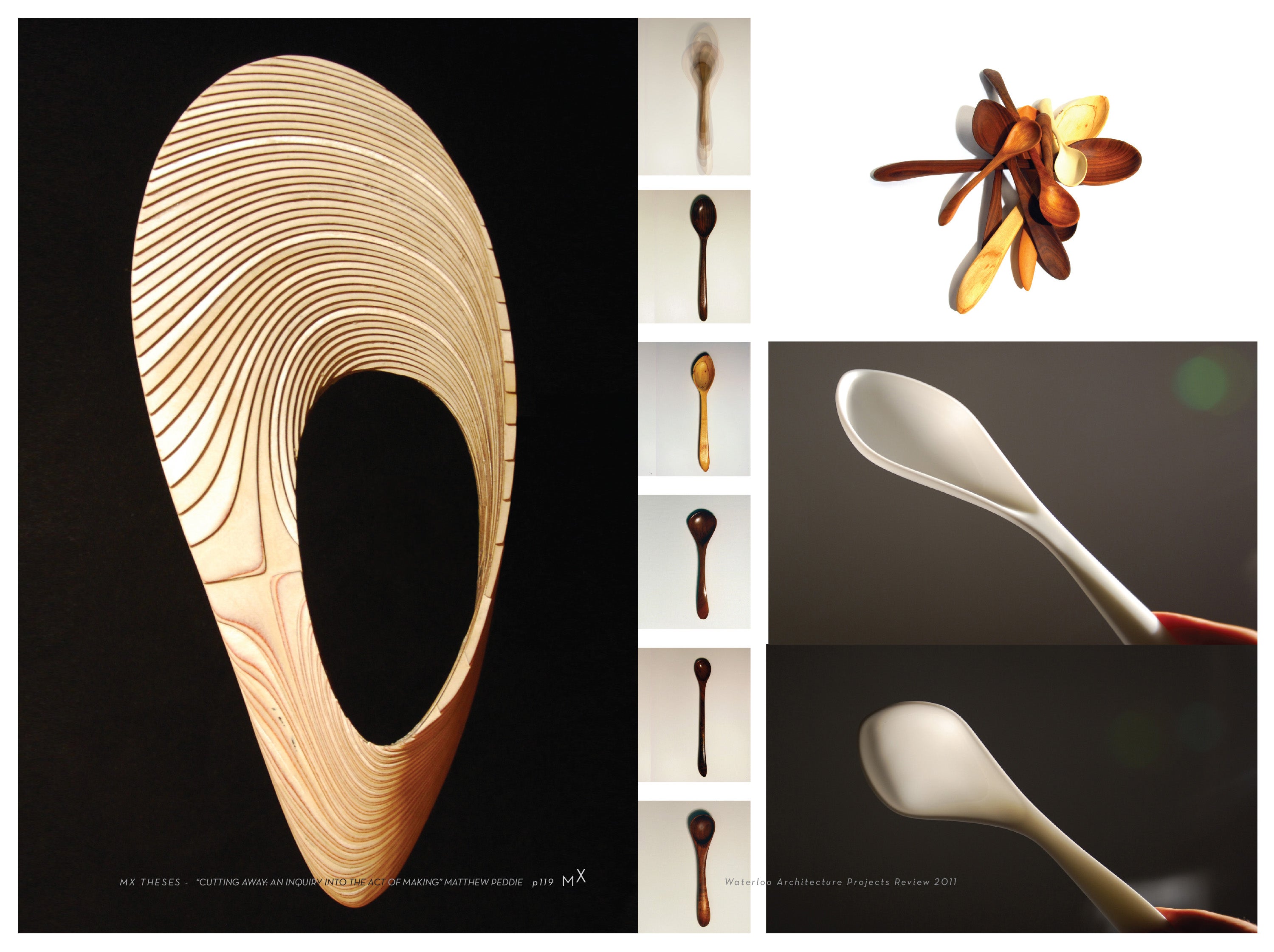 Several wooden spoon like, free flowing and circular sculptures.