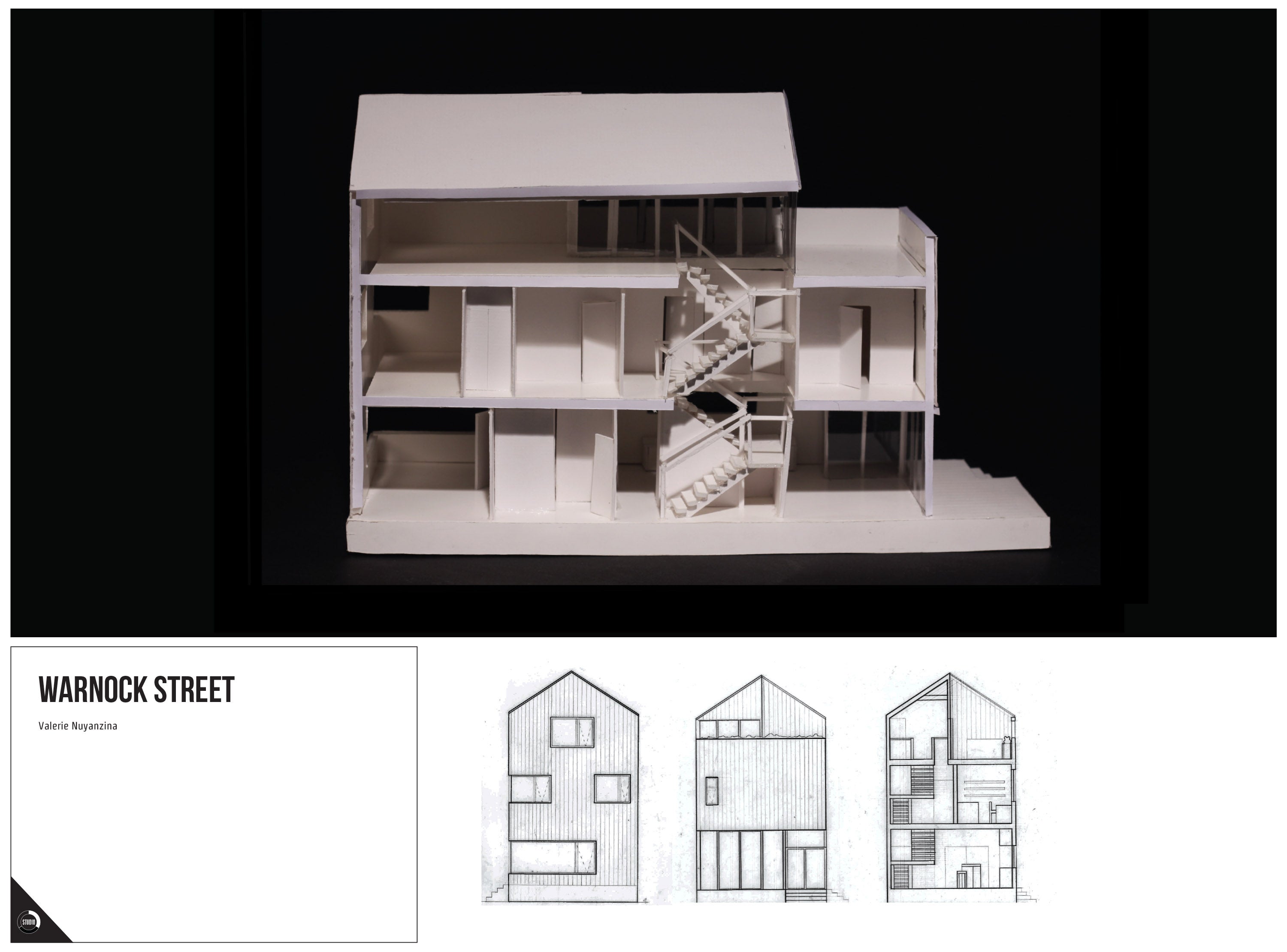 A presentation panel showcasing the townhouse physical model, as well as two elevation drawings of the design. 