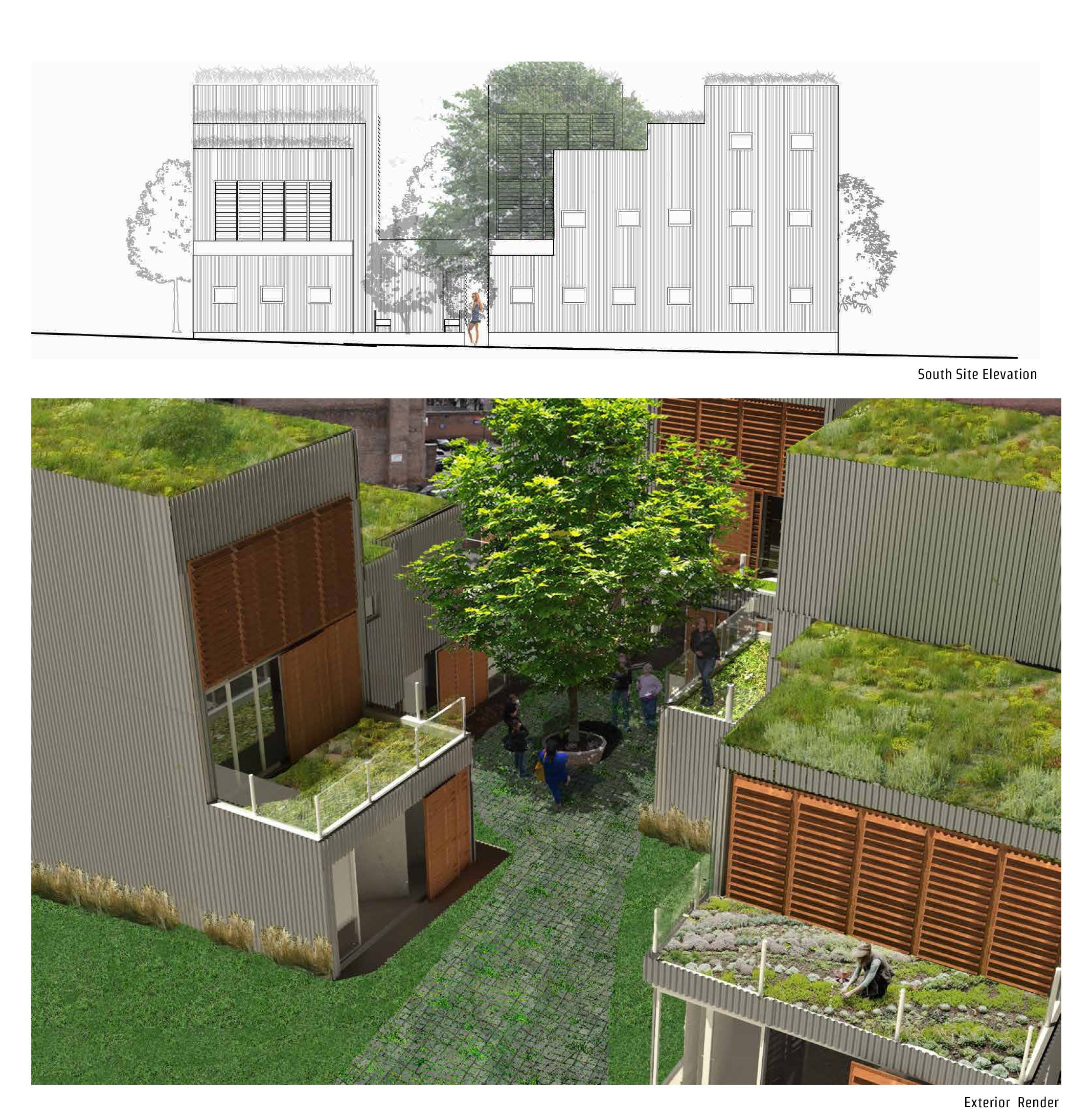 A presentation panel showcasing an elevation drawing of the building, and a rendered view of the exterior courtyard.