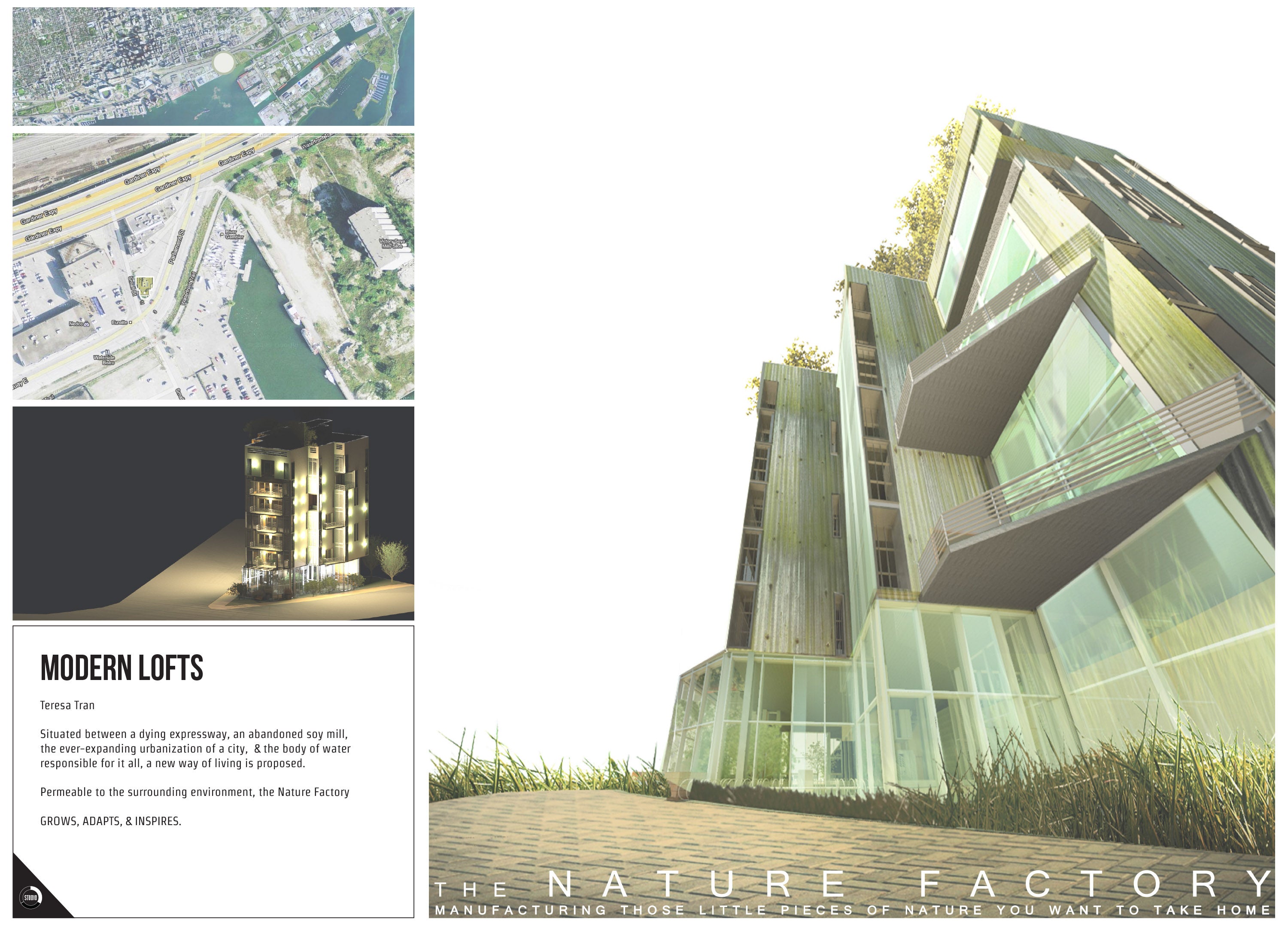 A presentation panel showcasing several day and night renderings of the building design. The main render has a worm-eye effect.