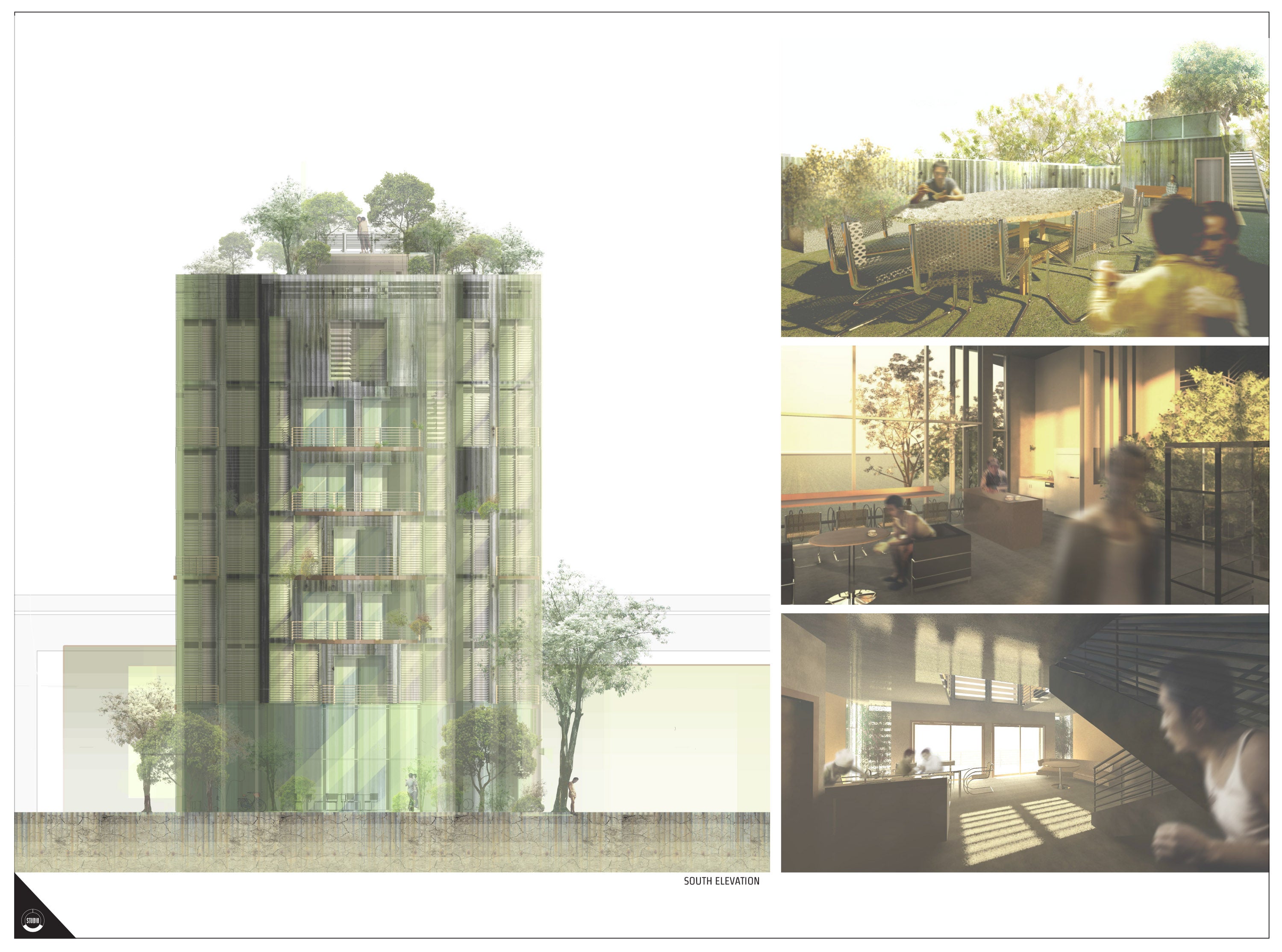 A presentation panel showcasing a textured and shaded elevation drawing of the building, as well as several interior renders. 