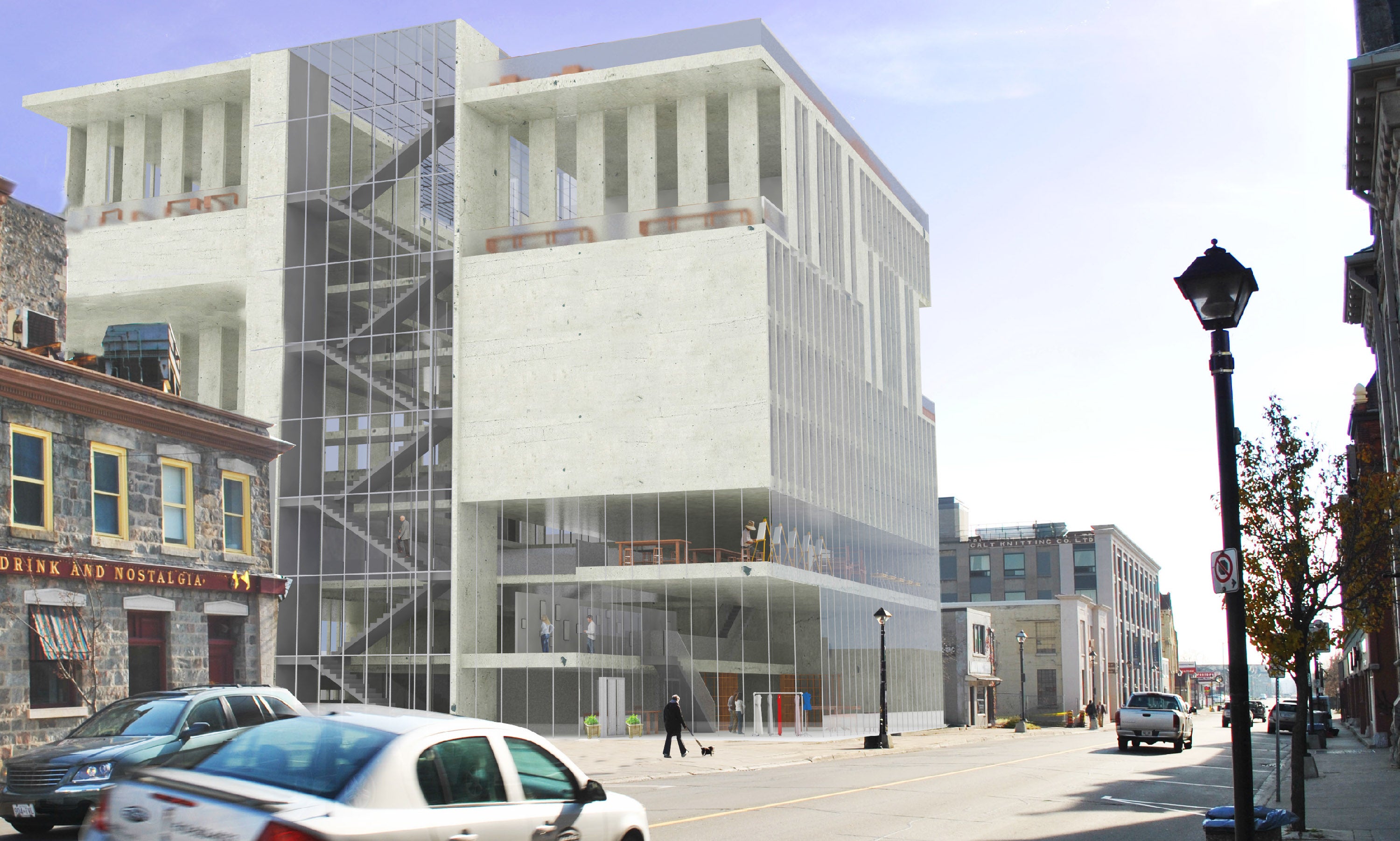 An exterior street view render of the building. The design is rather block-ish in form, completed with glass facades.