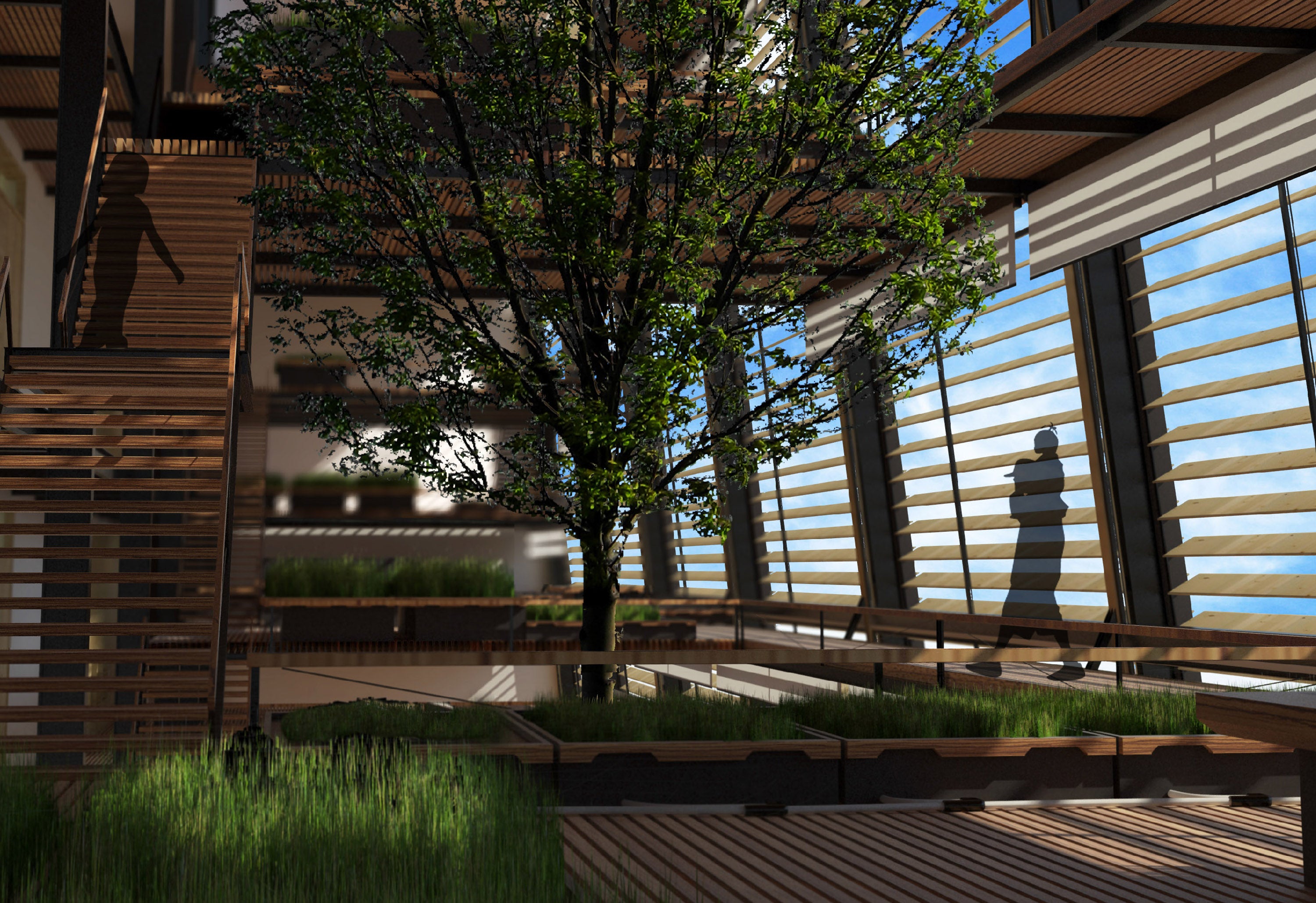 An interior rendering of the building's greenhouse atrium. There is a large tree in the middle of the empty space.