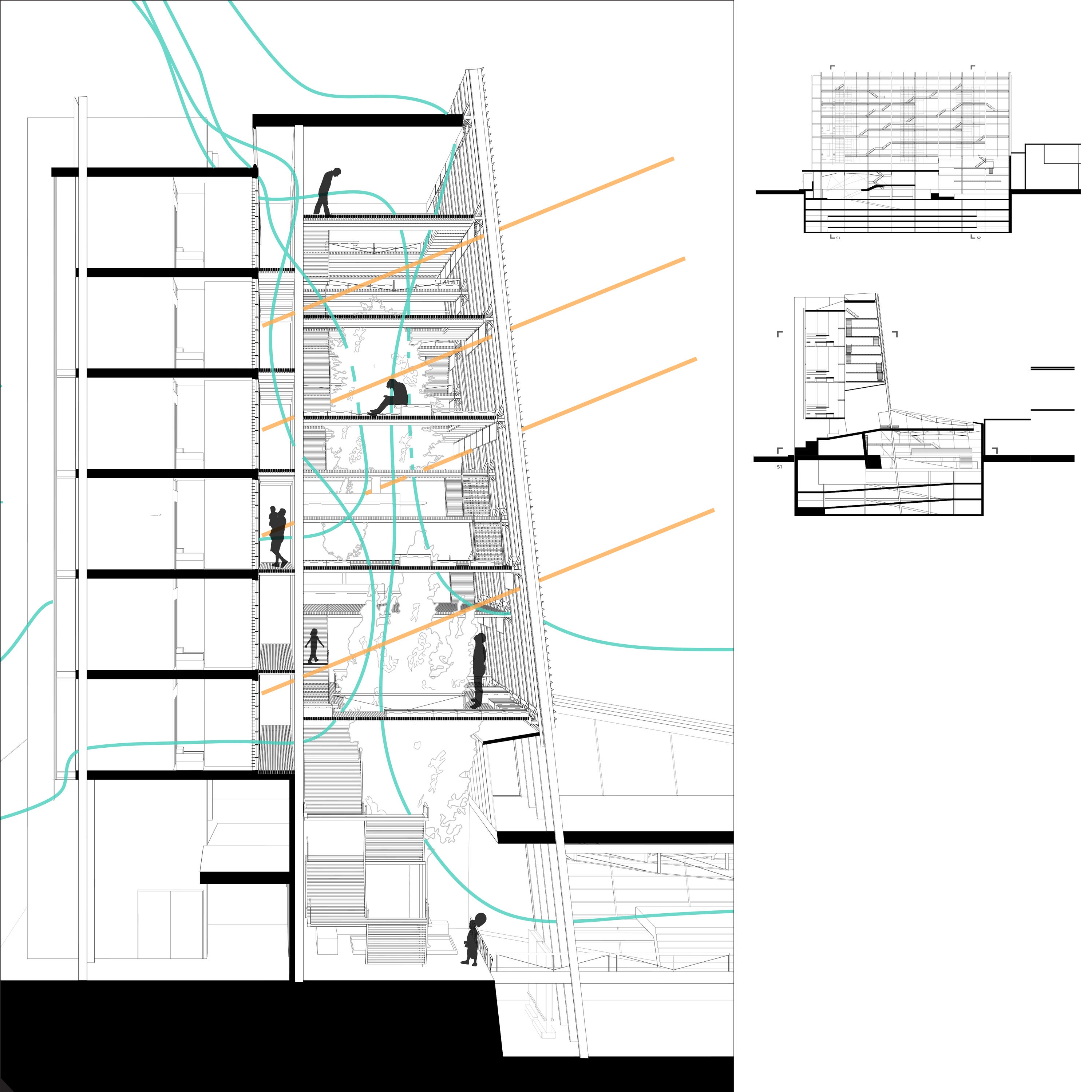 A sectional perspective drawing explaining the ventilation and sunlight penetration through the glass façade.