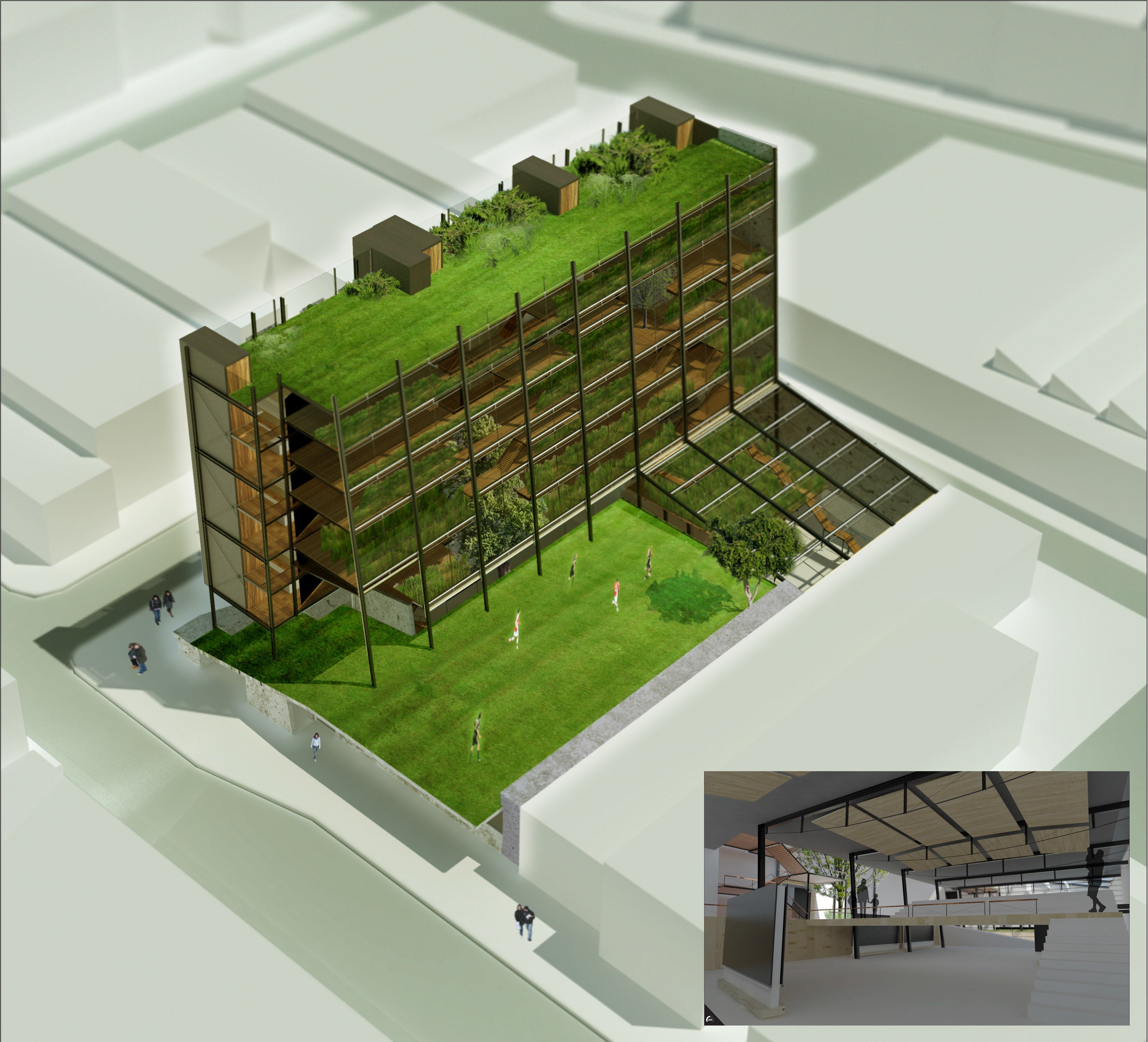 An aerial perspective render of the building.