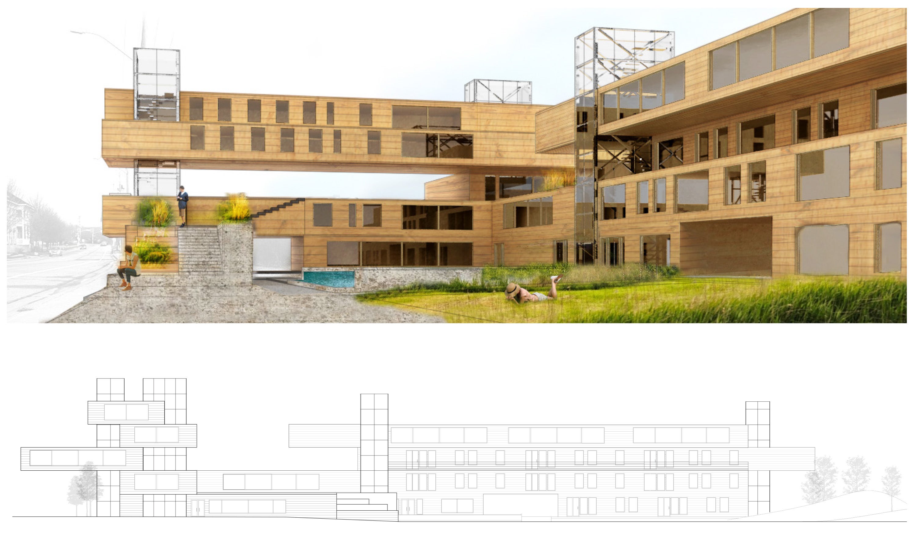 A perspective rendering of the building from the front entrance. The form of the building is rectangular with cantilevers.