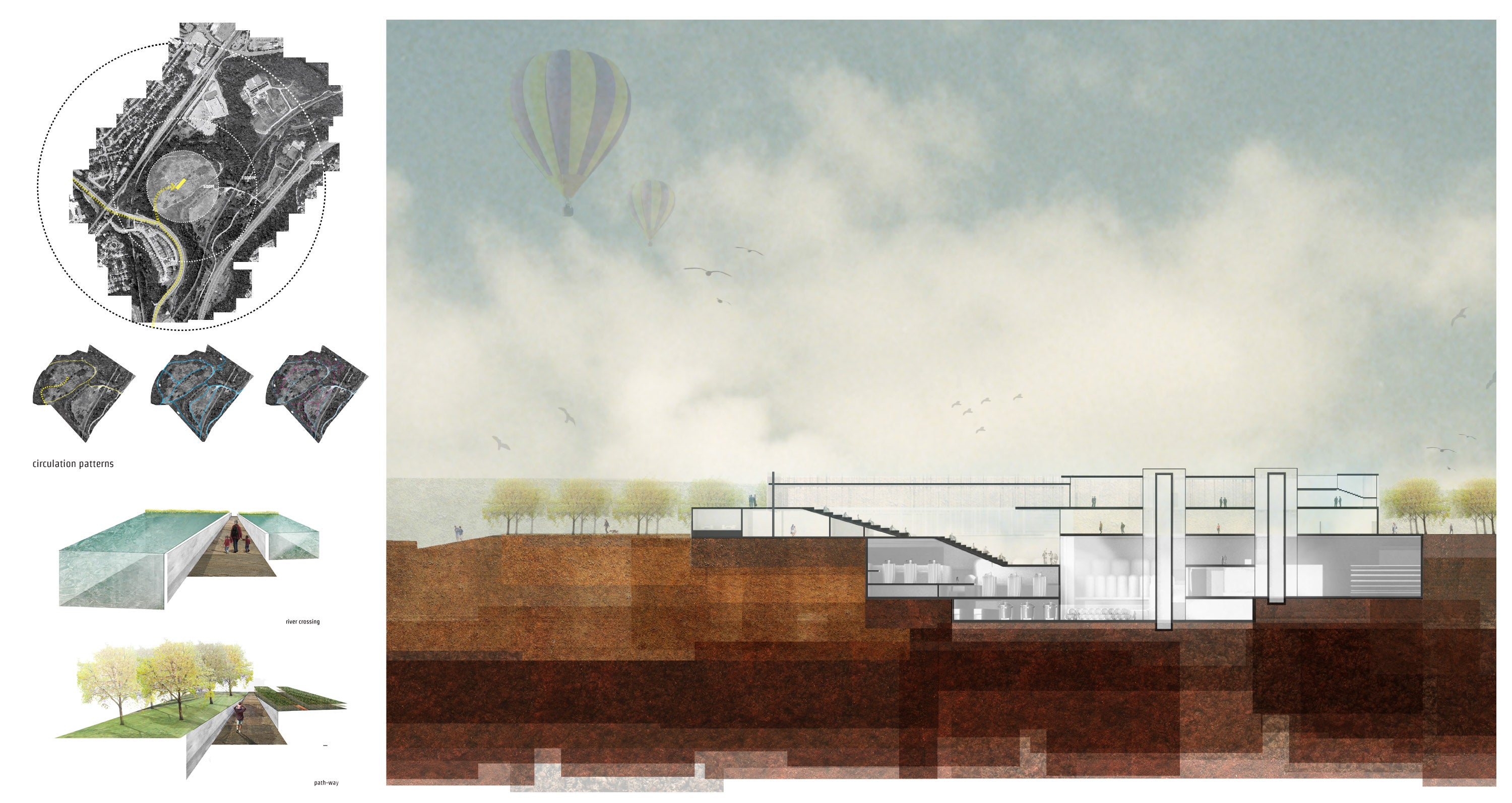 A presentation panel showcasing a textured sectional drawing of the building design, as well as a site plan diagram.
