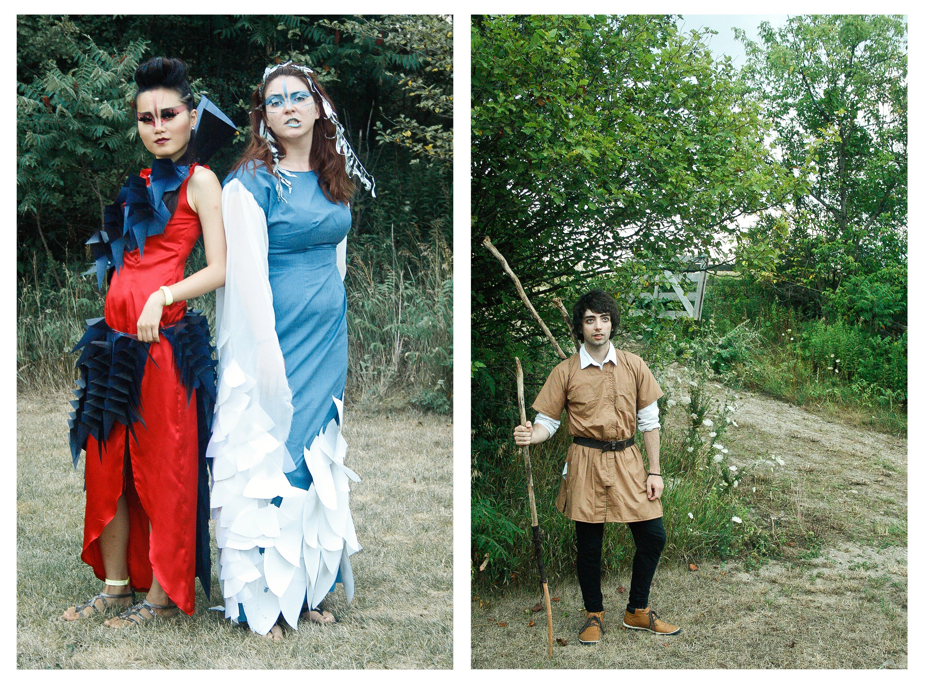 Two photographs of actors, wearing costumes posing in front of a number of trees.