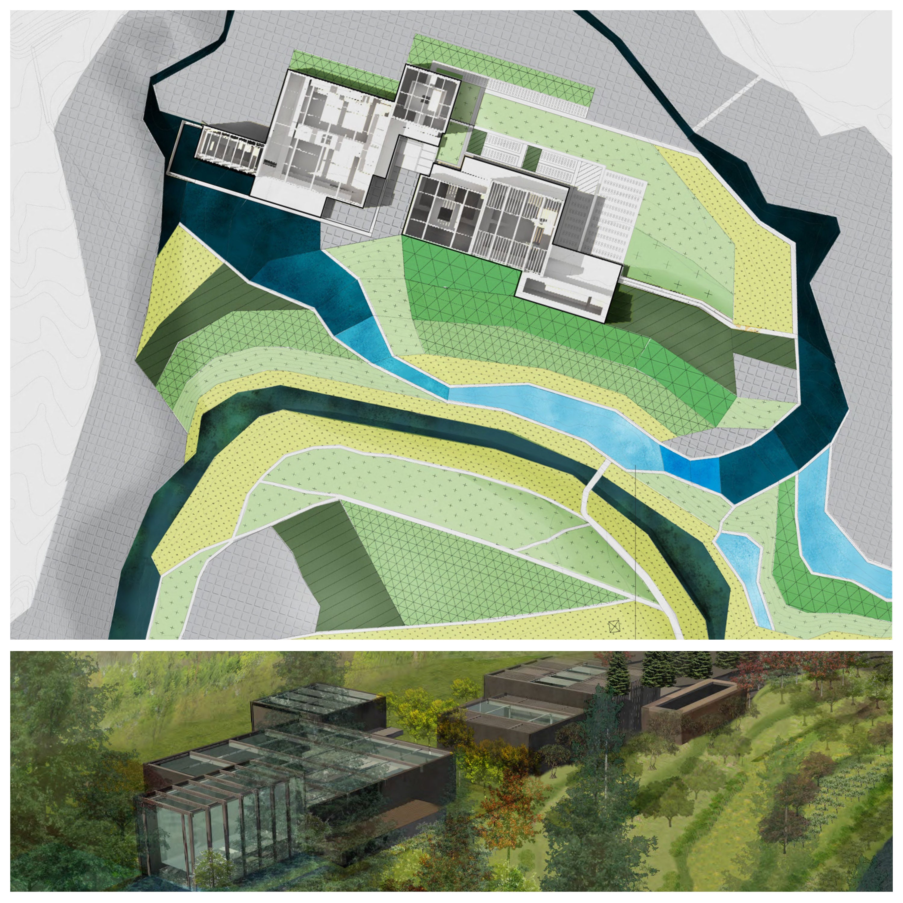 A presentation panel showing a rendered site plan drawing and an aerial render of the building.
