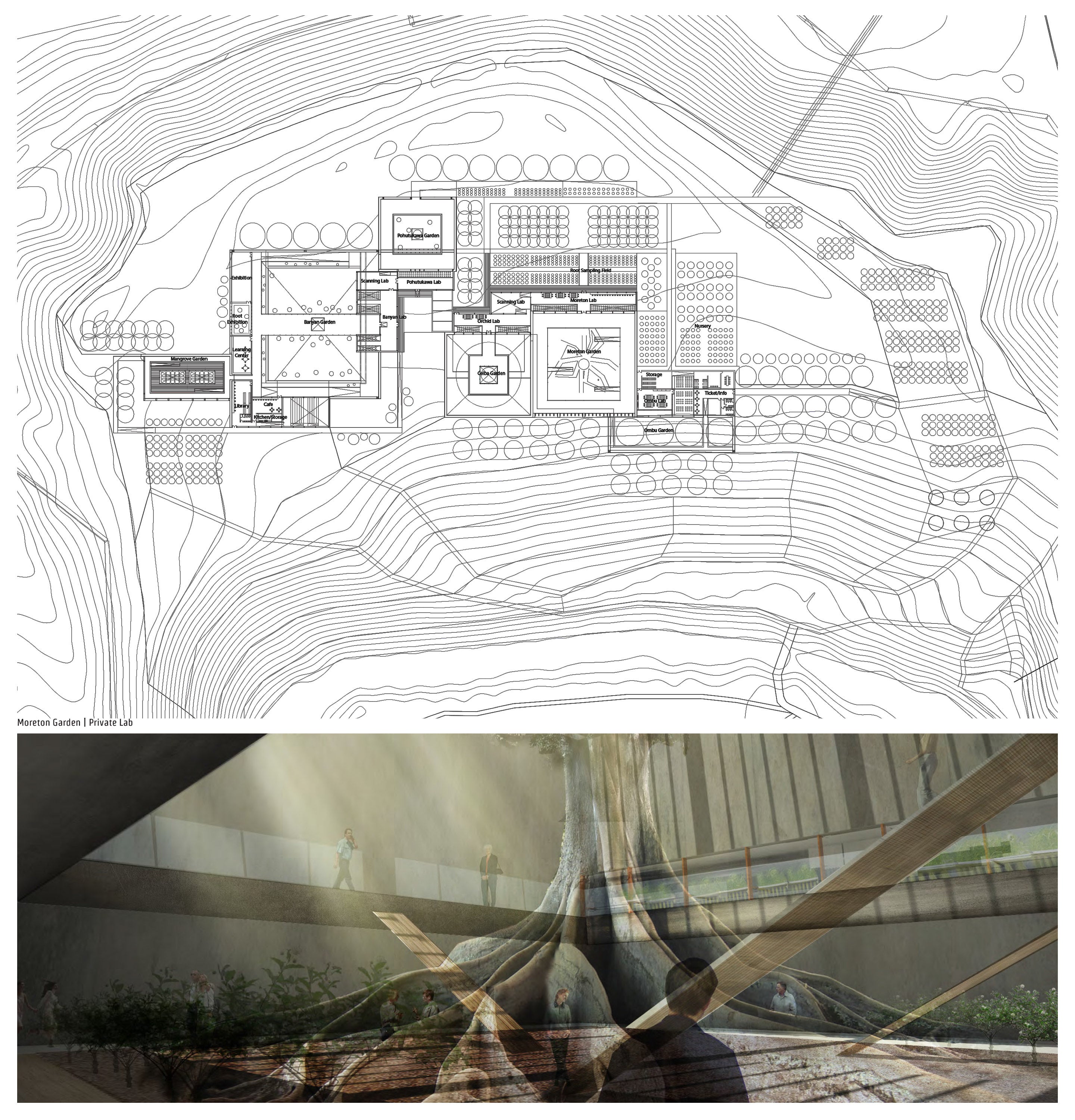A presentation panel showing a detailed plan drawing and an interior render of the large atrium.