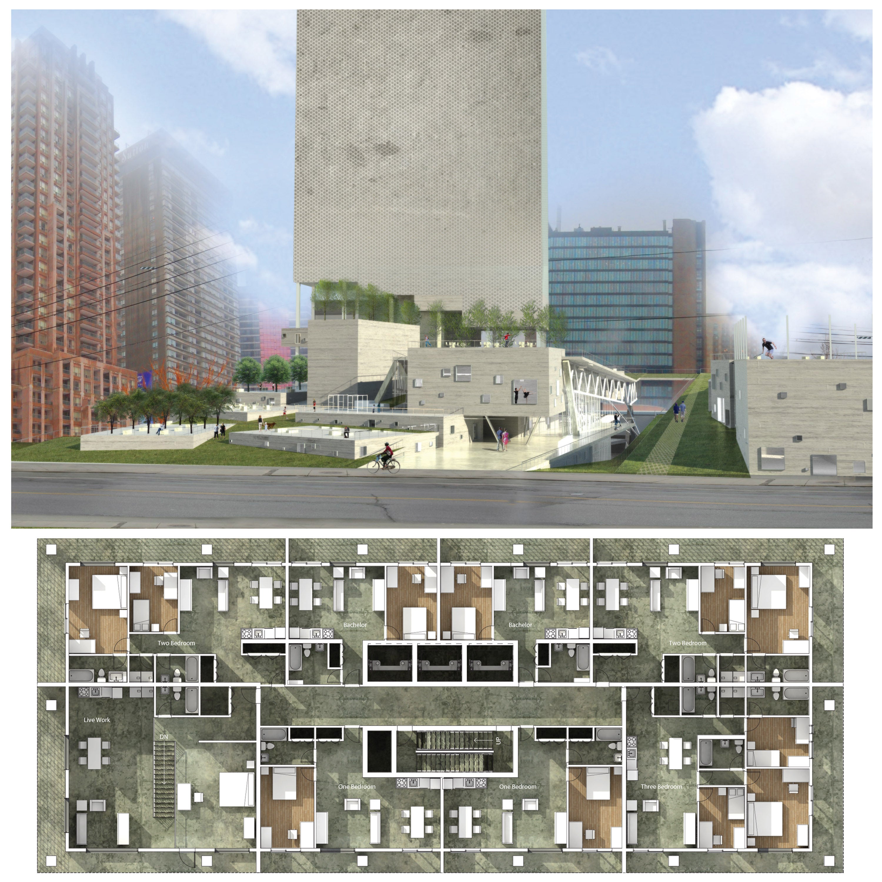 An exterior rendering of the building from street level. The main tower of the structure seems to be cladded in a thin mesh.