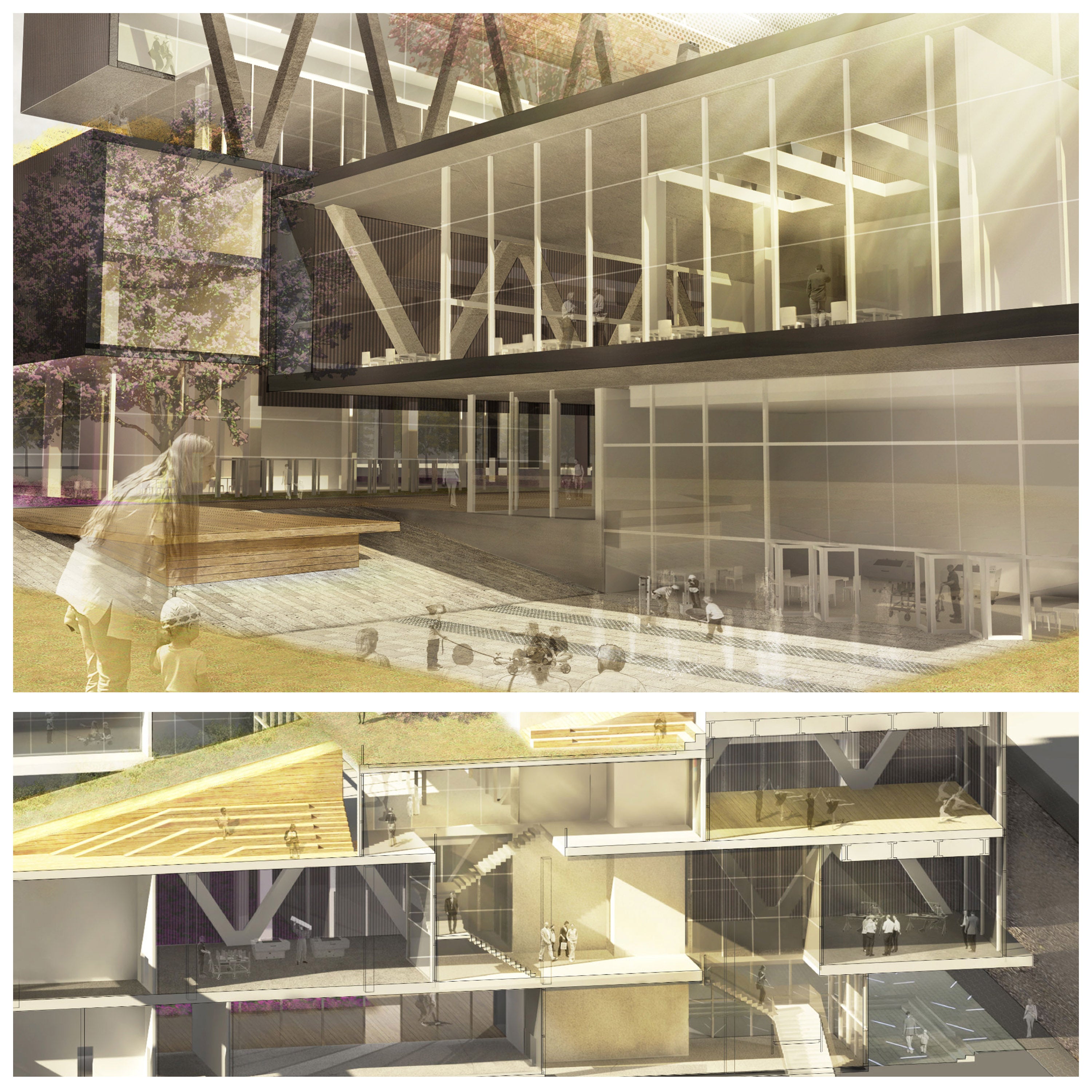 Two exterior renderings of the building. One showcasing the public space the design creates and the other showcases the interior