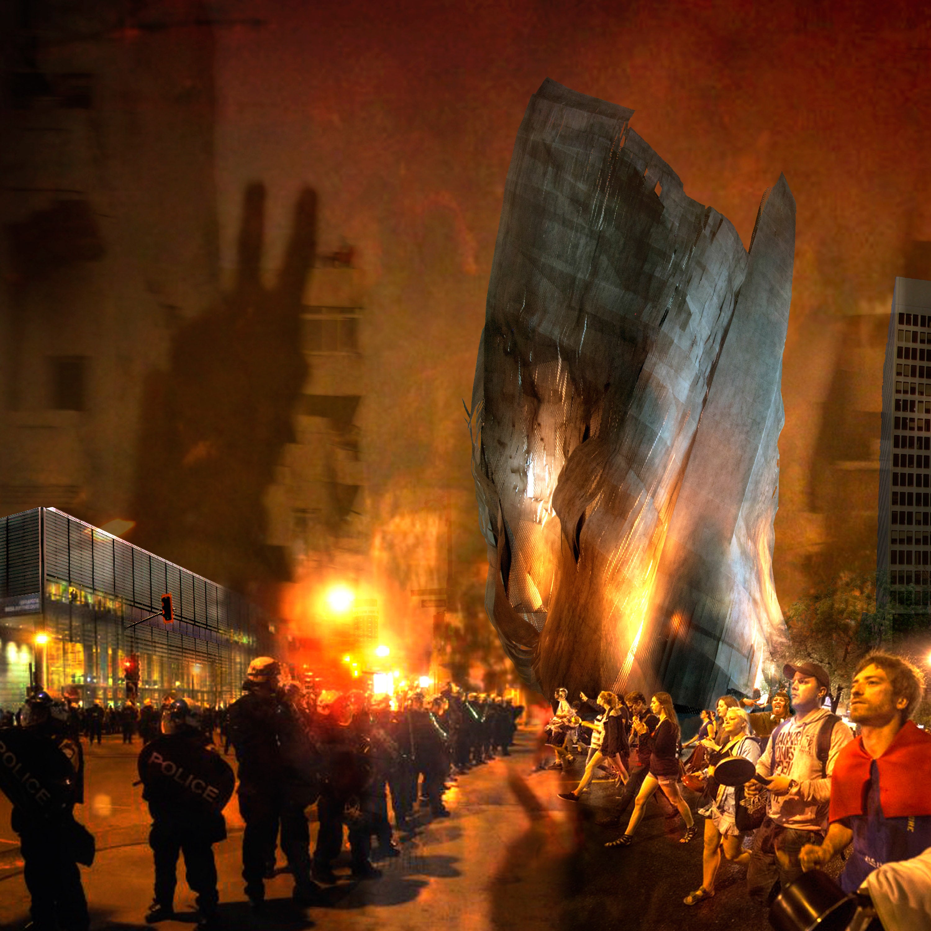 A photo collage rendering of the strangely shaped structure. Infront are people and law enforcements engaged a protest.
