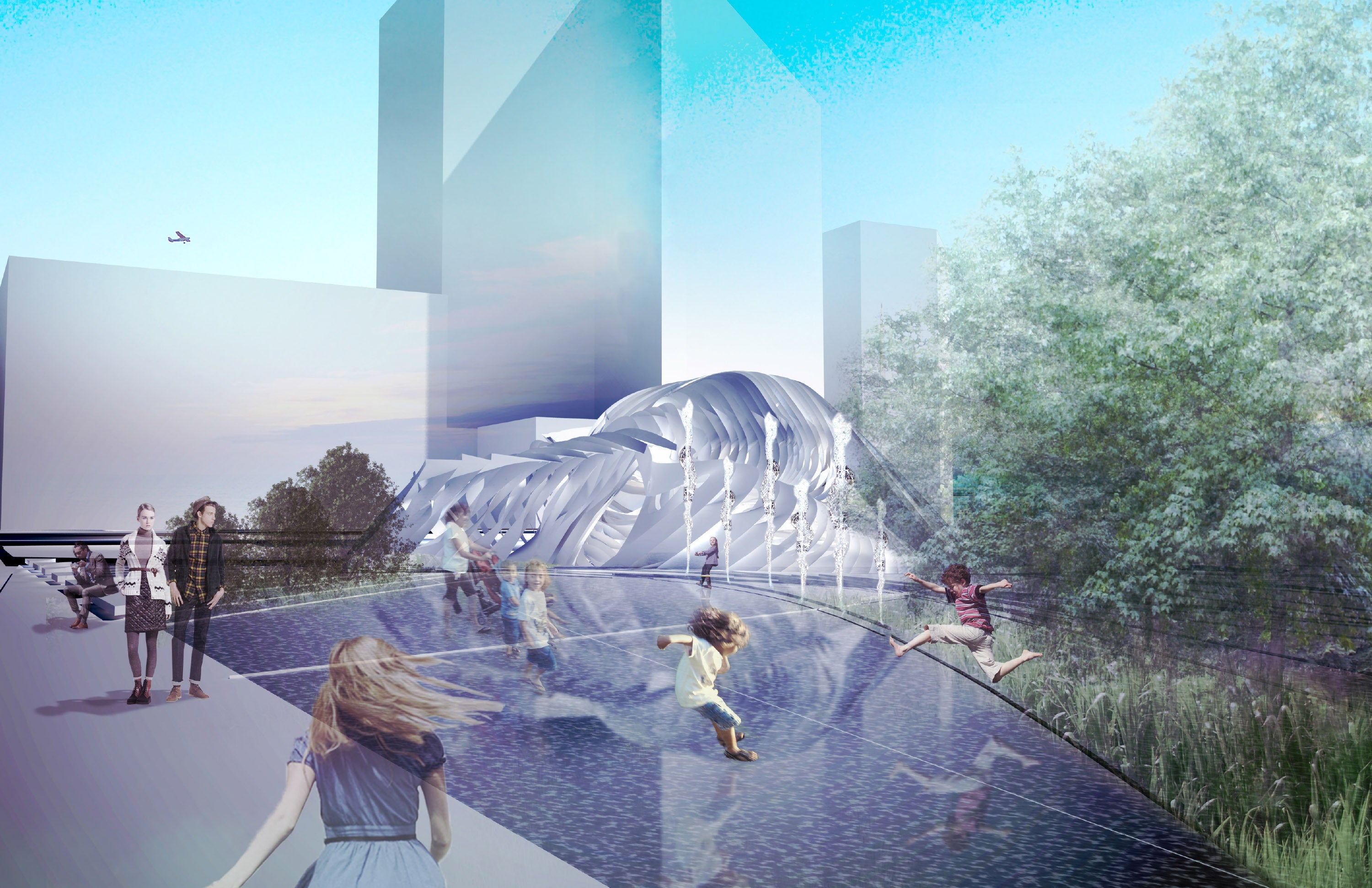 An exterior render of the building with a shallow pool as part of the public space landscaping.