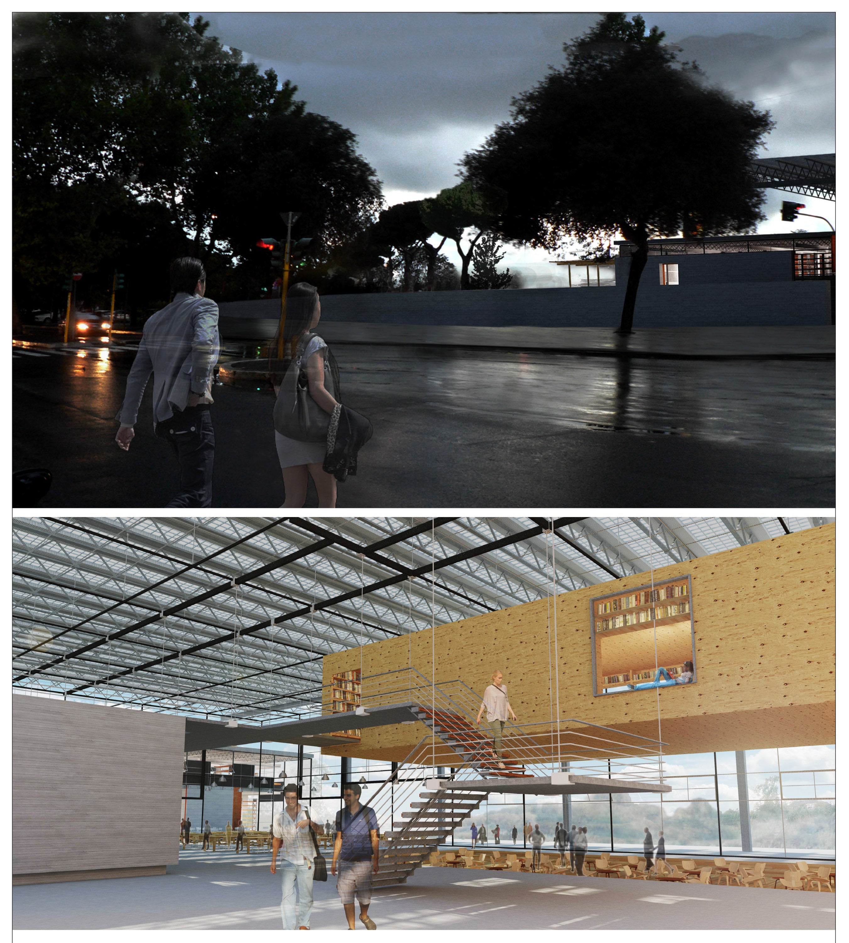 One exterior and one interior render of the building design. The structure is reminiscent to a warehouse.