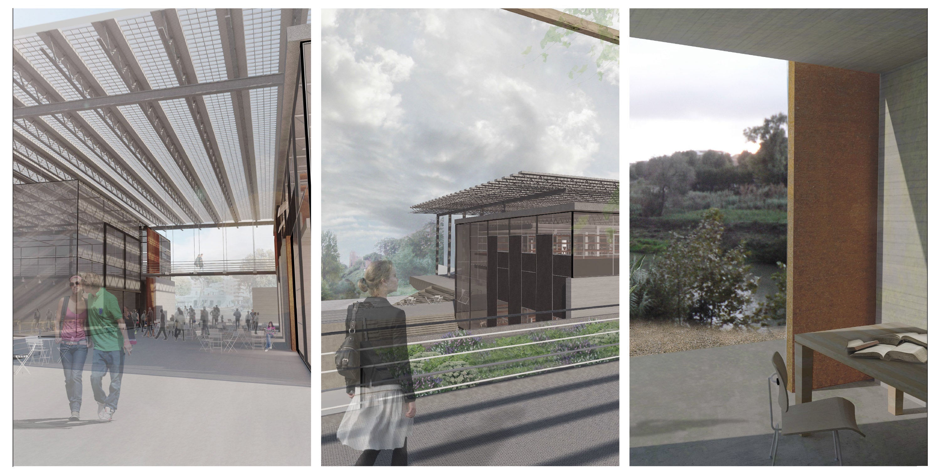 Several rendered views of the building, from the public atrium to window views in a private bedroom.