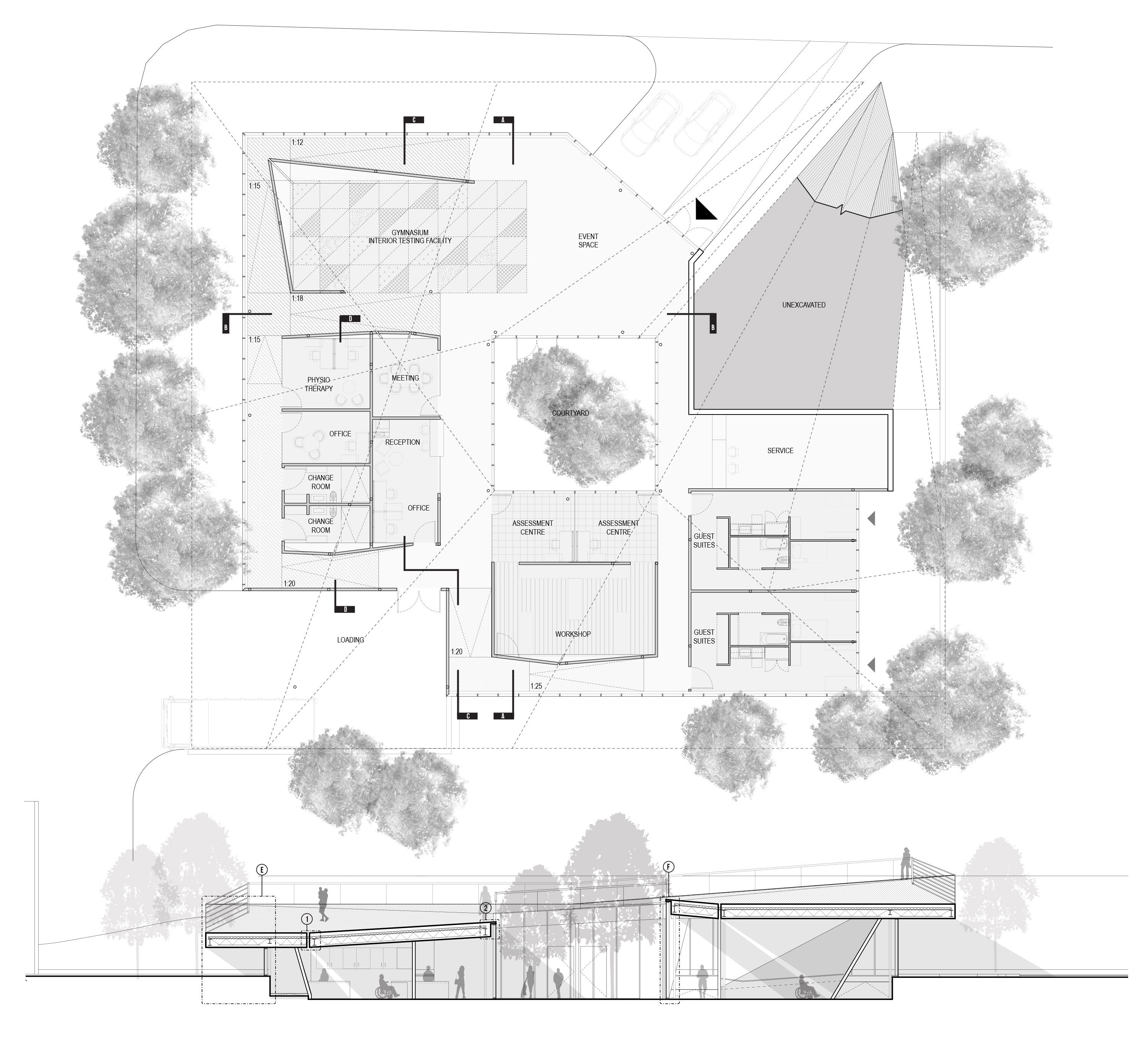 Plan and section drawings of the building design.