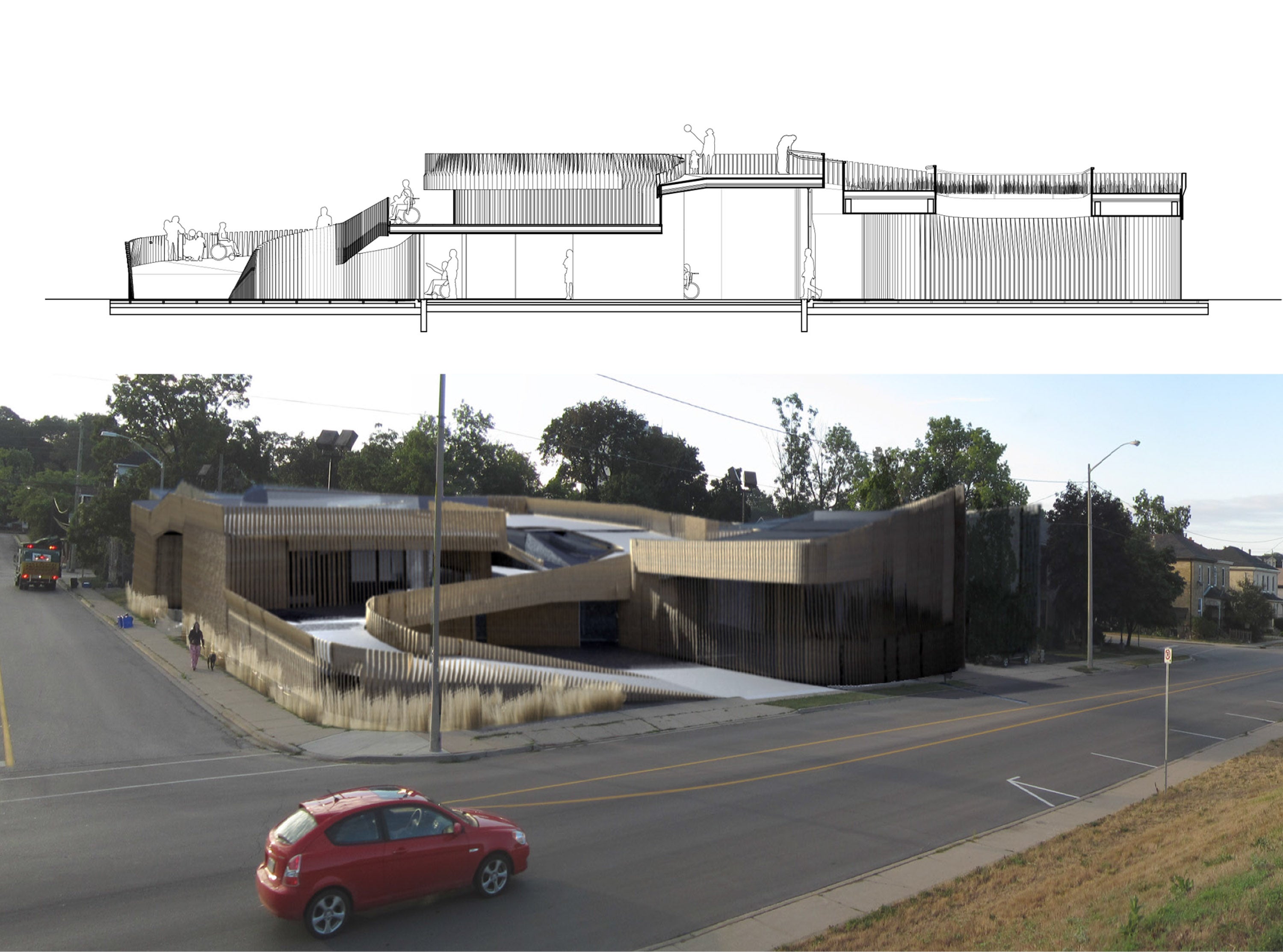 A presentation panel showcasing a sectional drawing of the building and an exterior render. The building also has a curved ramp.