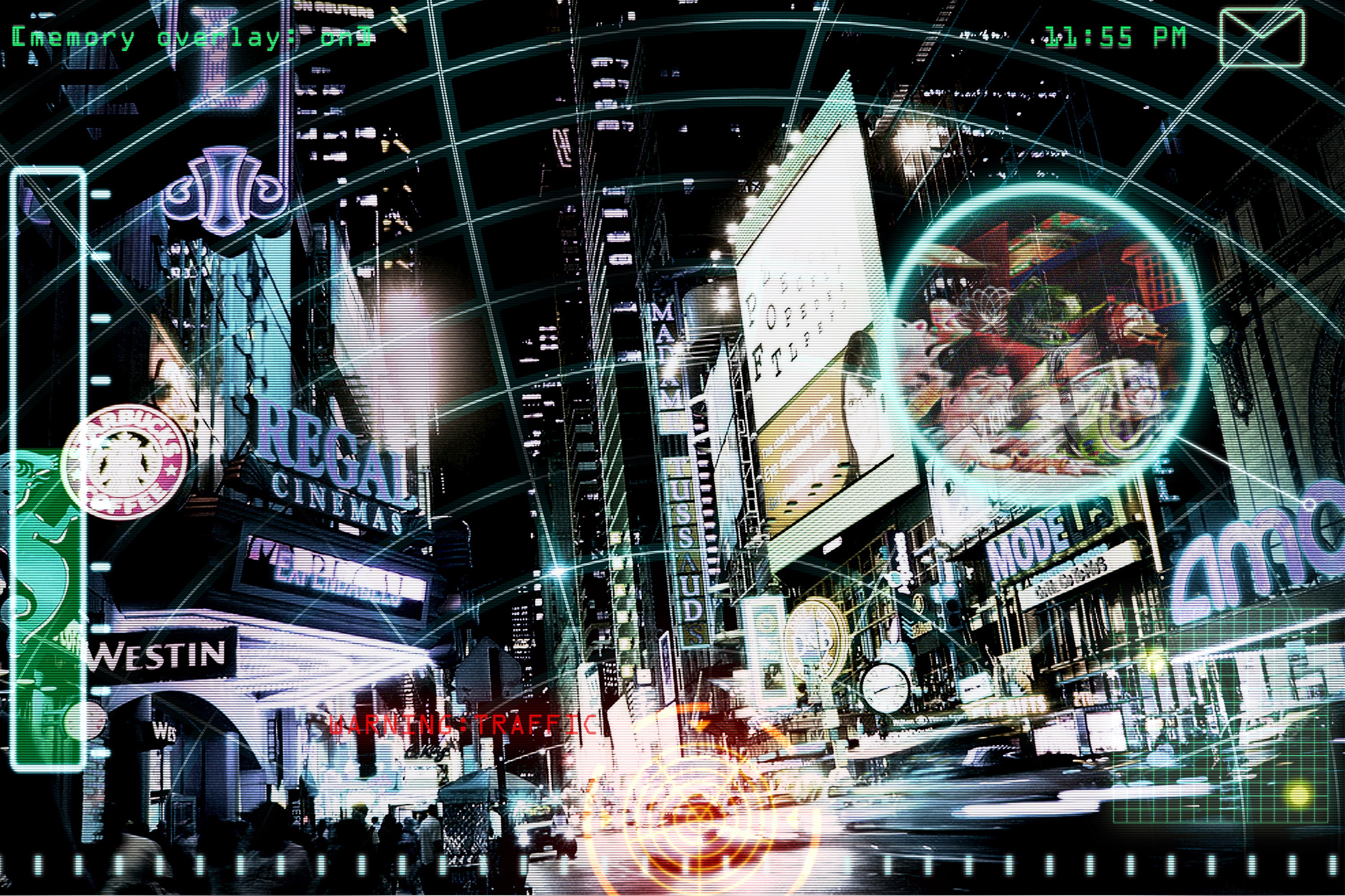 A stylistic night time rendering/collage of a street intersection. The image is overlayed with a pattern of radar.