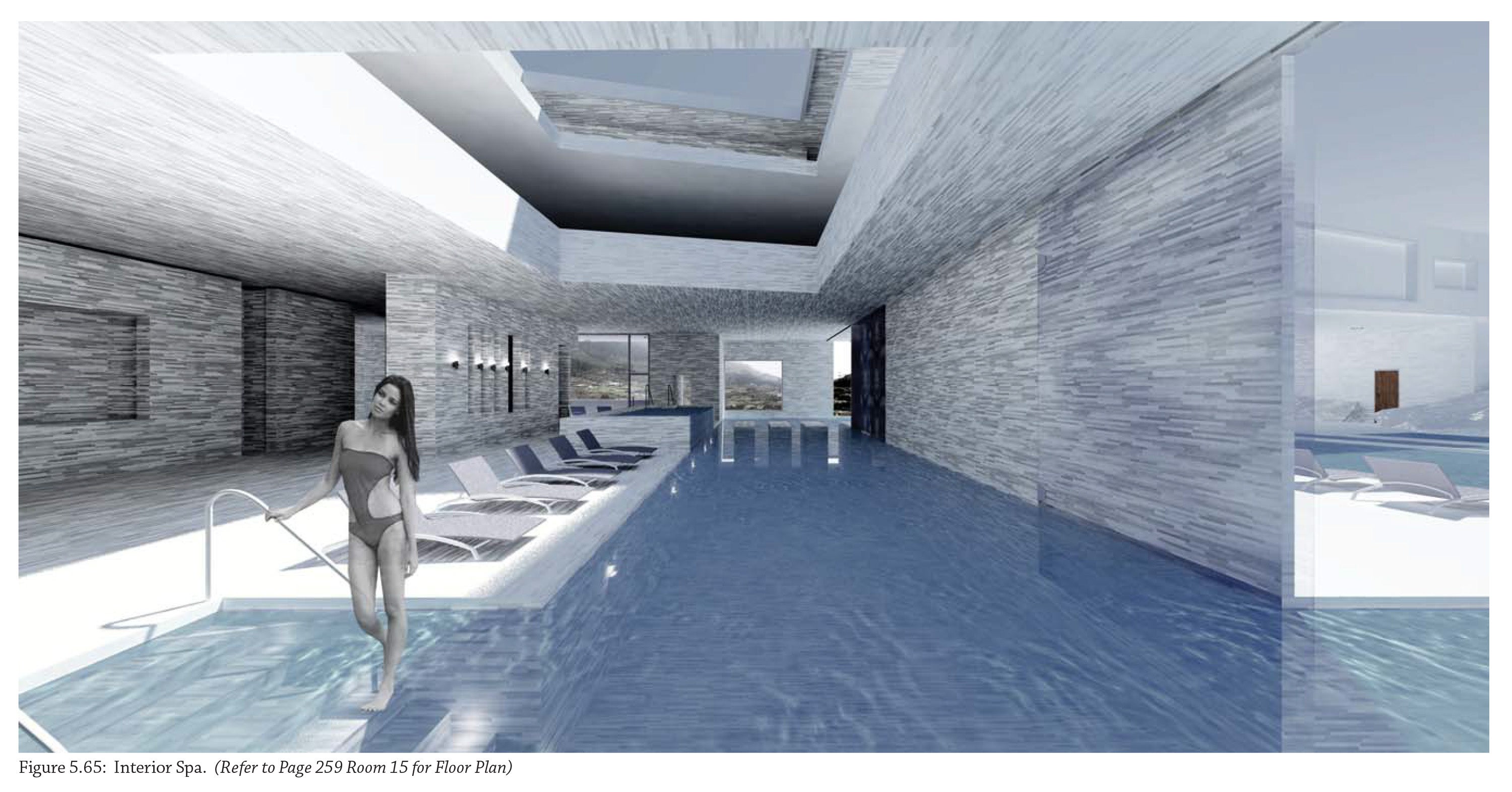 An interior render of a pool inside the building, with sunlight coming down from its skylights.