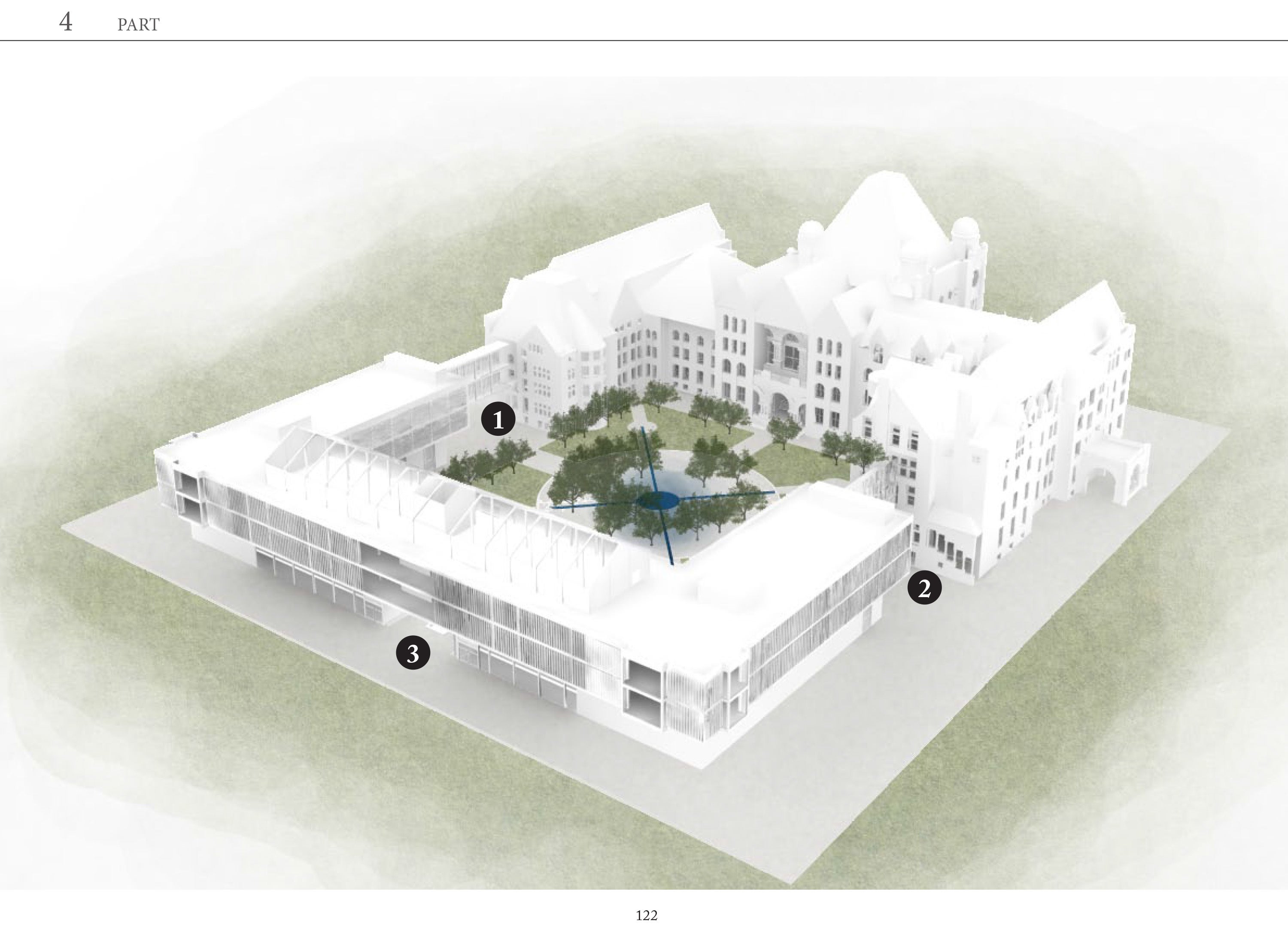 A aerial perspective rendering of a modern building addition infront of an older, larger palace.