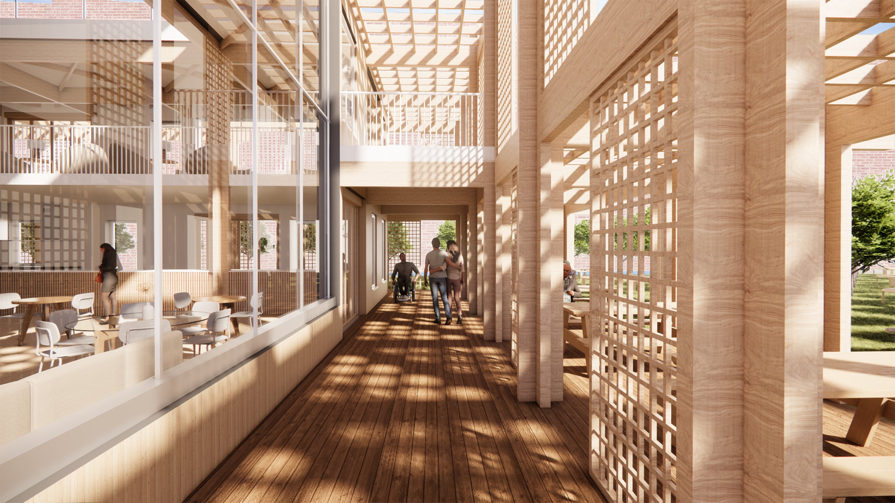 illustration of a hallway with clear glass looking into a cafe on the left and sunlight entering through lattice from the right