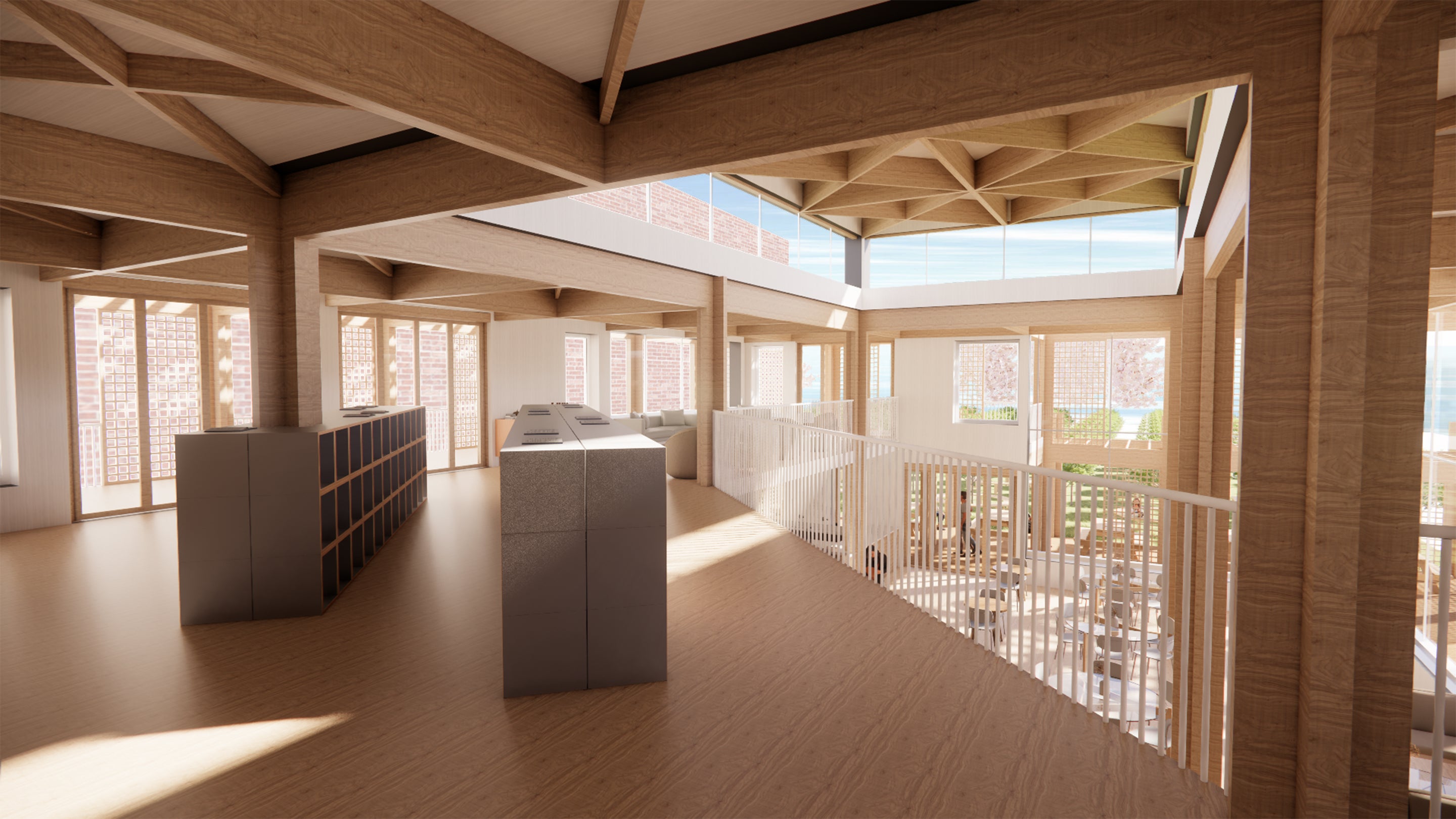 illustrated view from a mezzanine overlooking a cafe