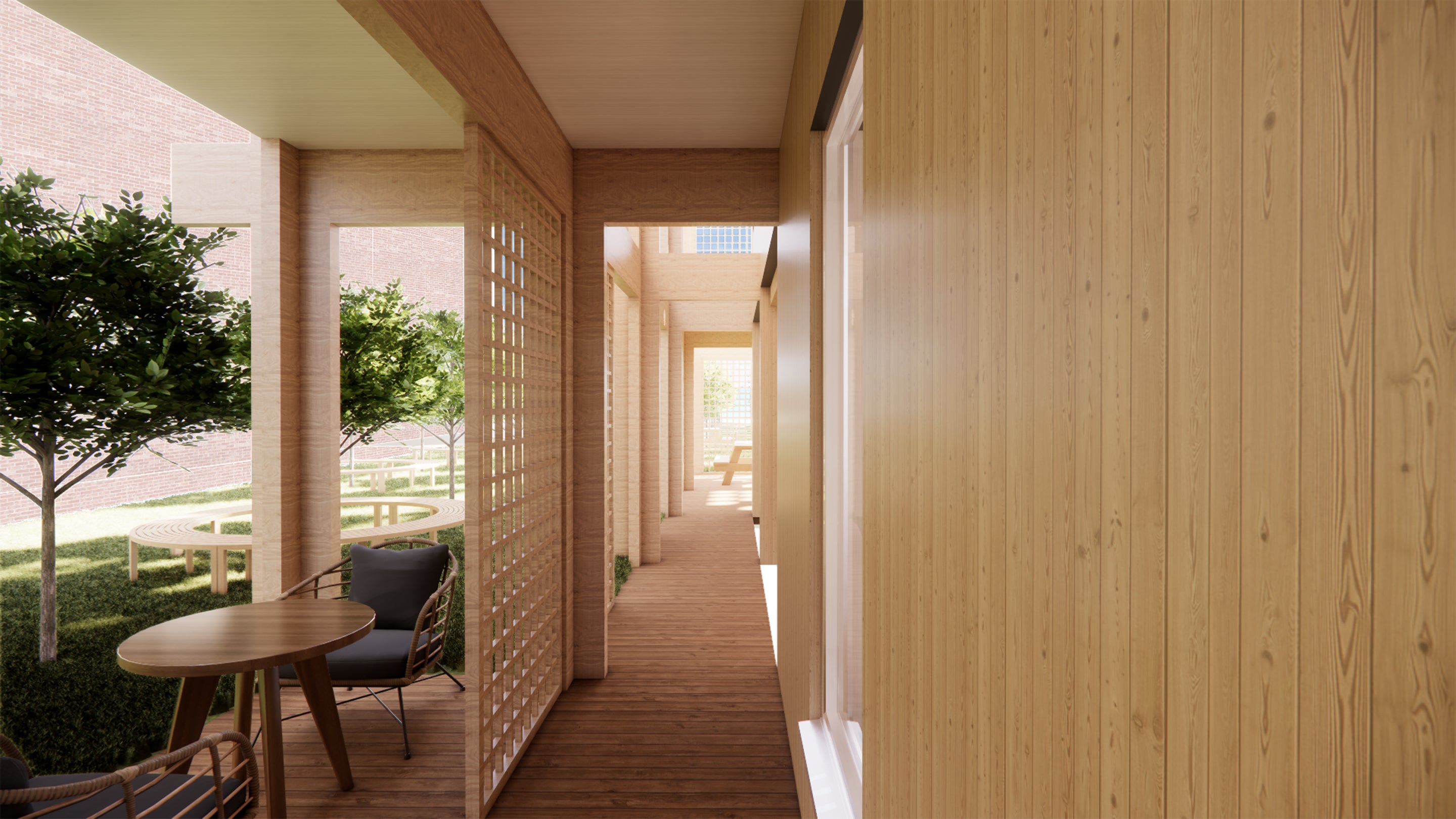 illustration of a hallway with sunlight entering through lattice from left