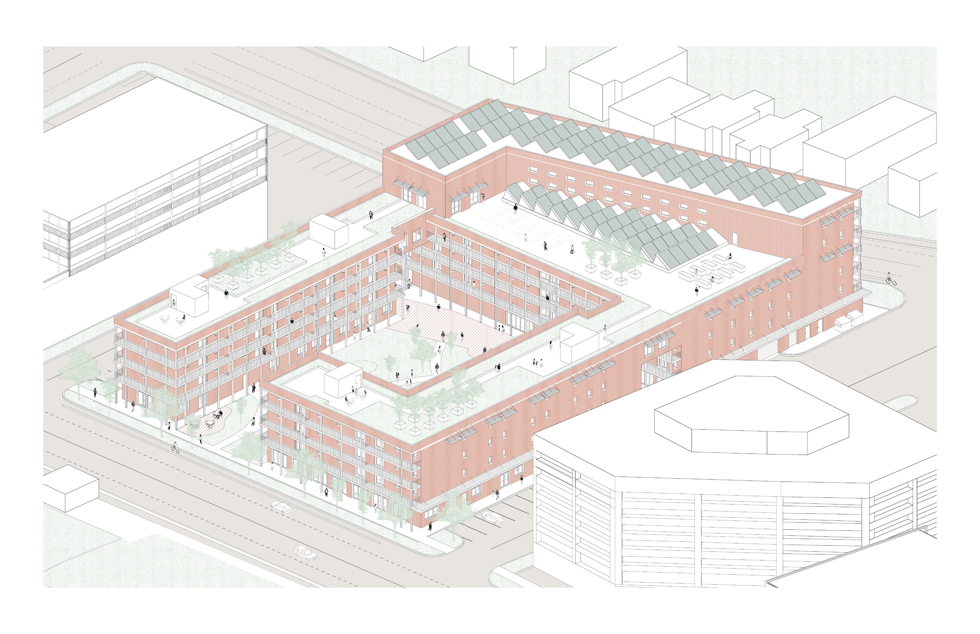 architectural drawing of the exterior of a large four story building with a horseshoe courtyard and a large section of solar panels on the roof