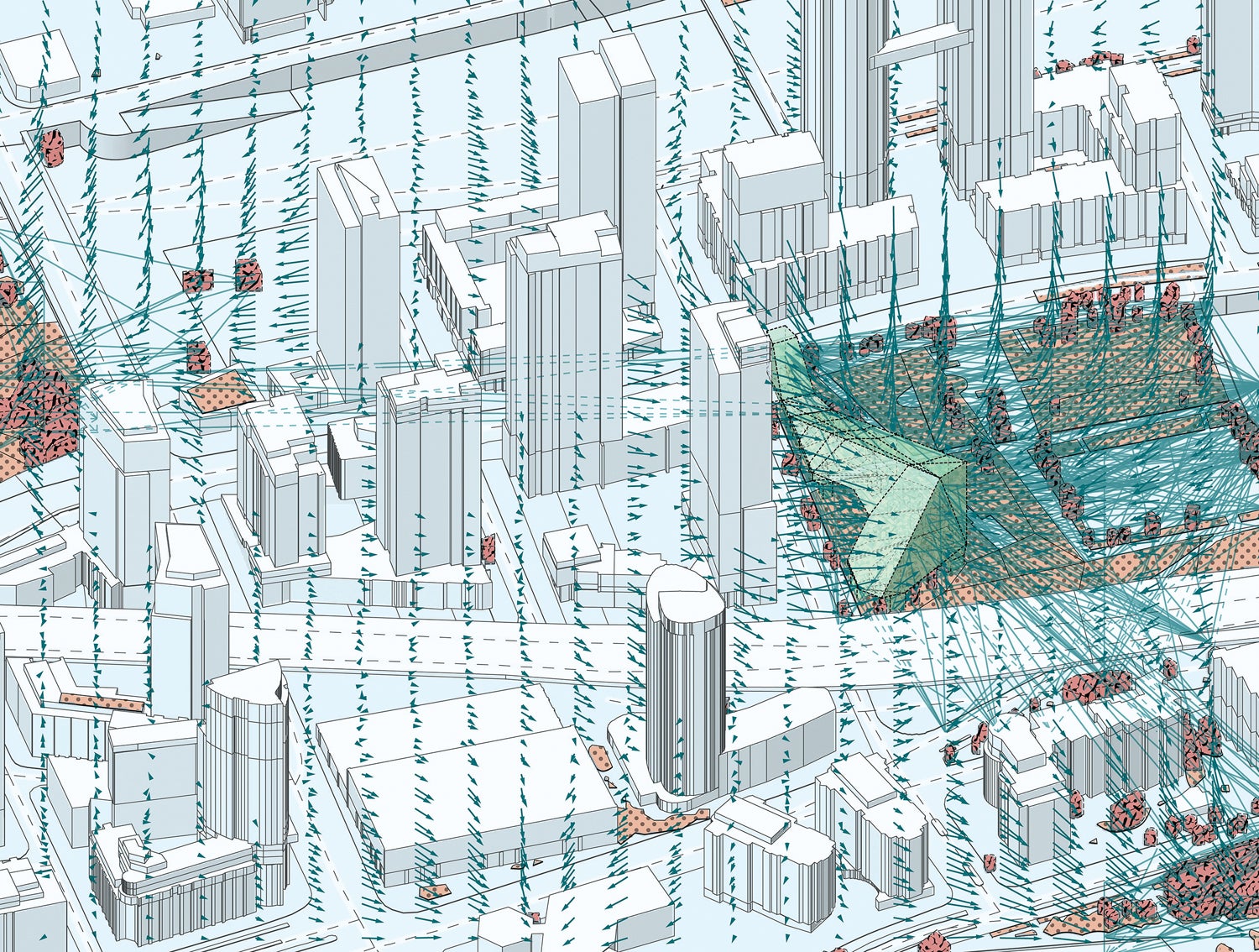 Two- and three-dimensional mapping is used to analyze the movement of birds through the city, and to locate interventions to facilitate their passage.