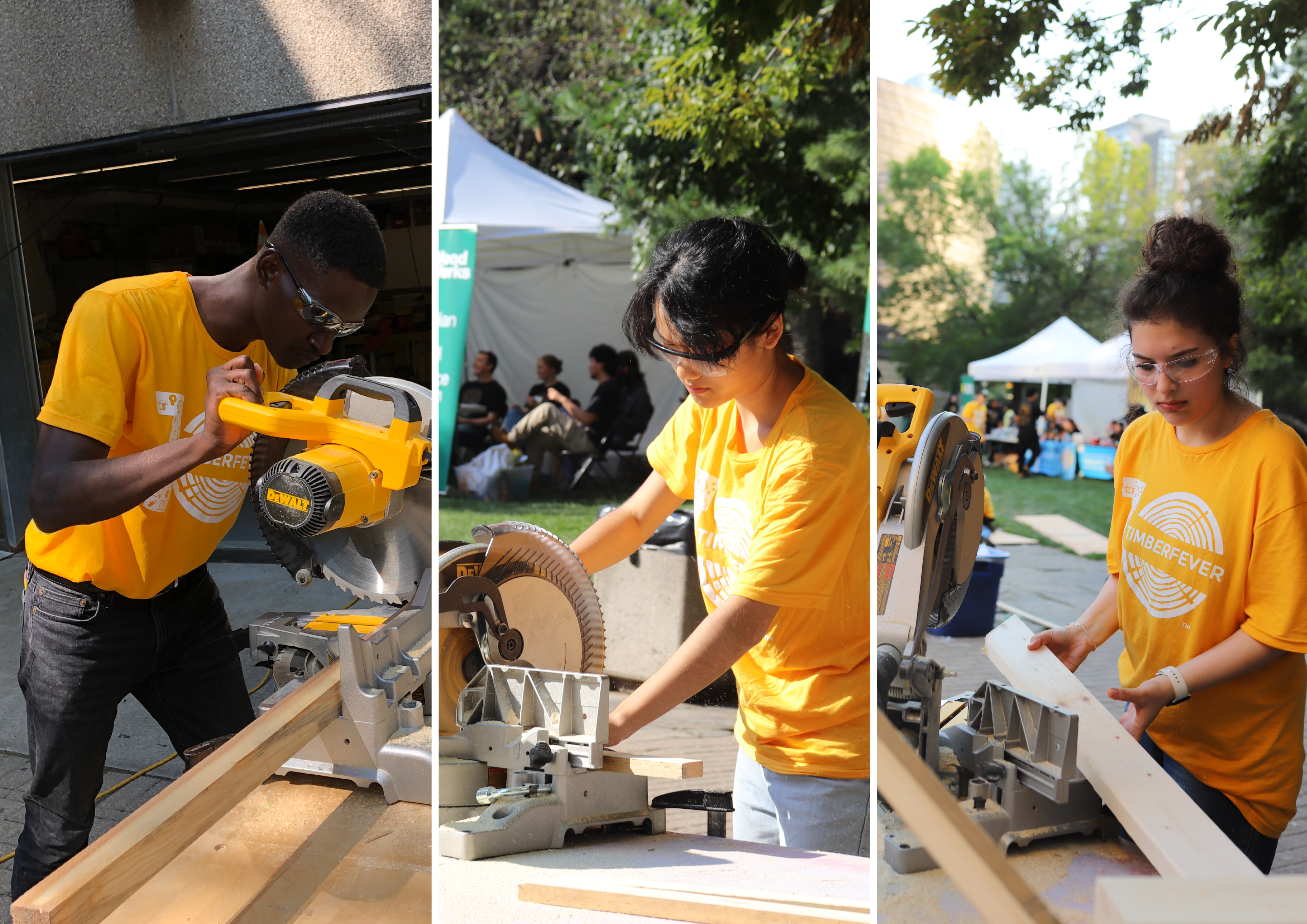 Three images of students working on a design build construction project