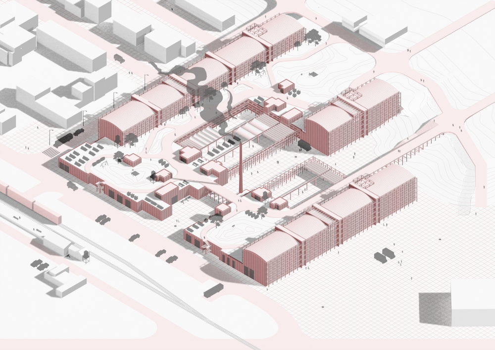 architectural rendering, overhead view of a condominium complex