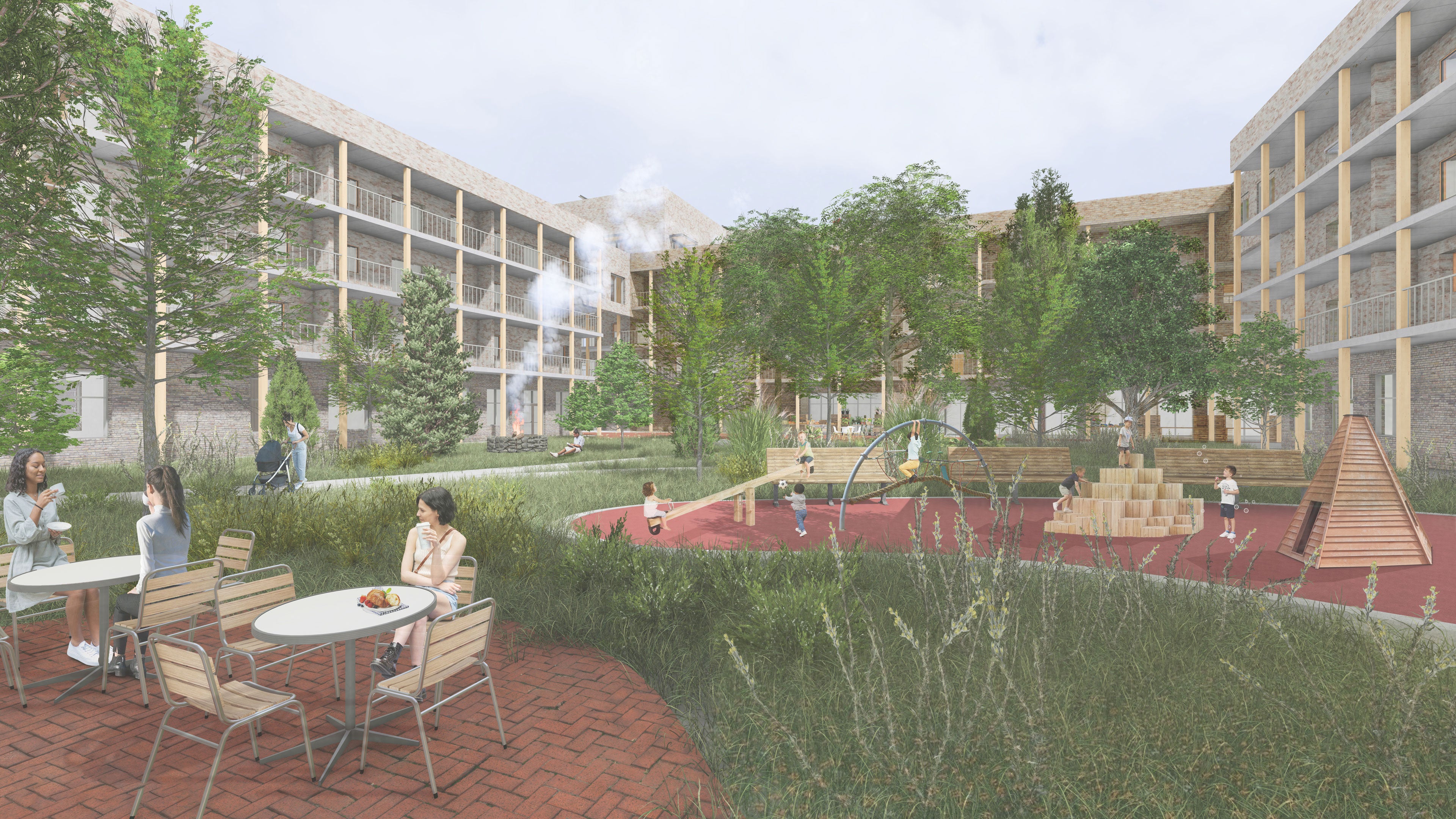 illustration of people relaxing in a grassy courtyard of a four story building