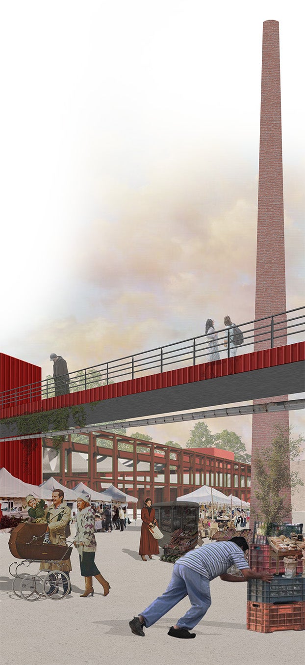 illustration of people crossing a bridge with a smoke stack in the background