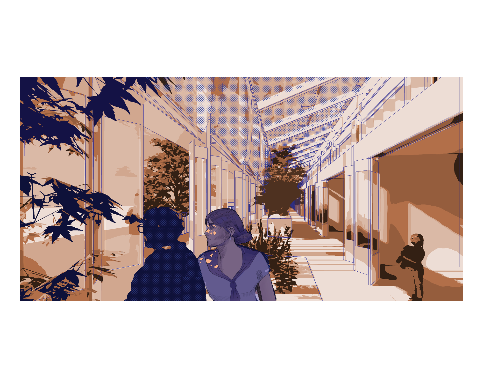 illustration of people in an indoor outdoor greenhouse space 