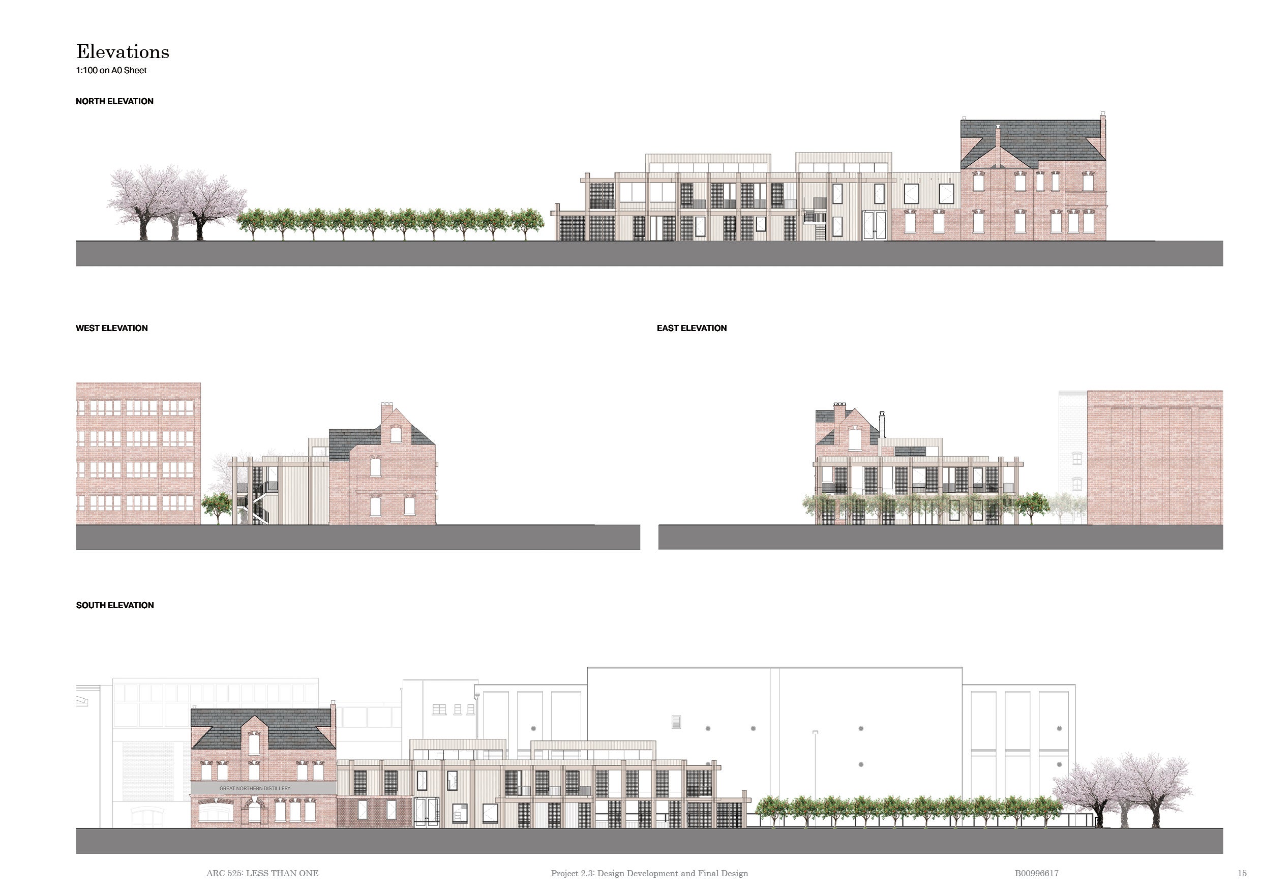 architectural drawing displaying elevations from all sides of a three story brick building